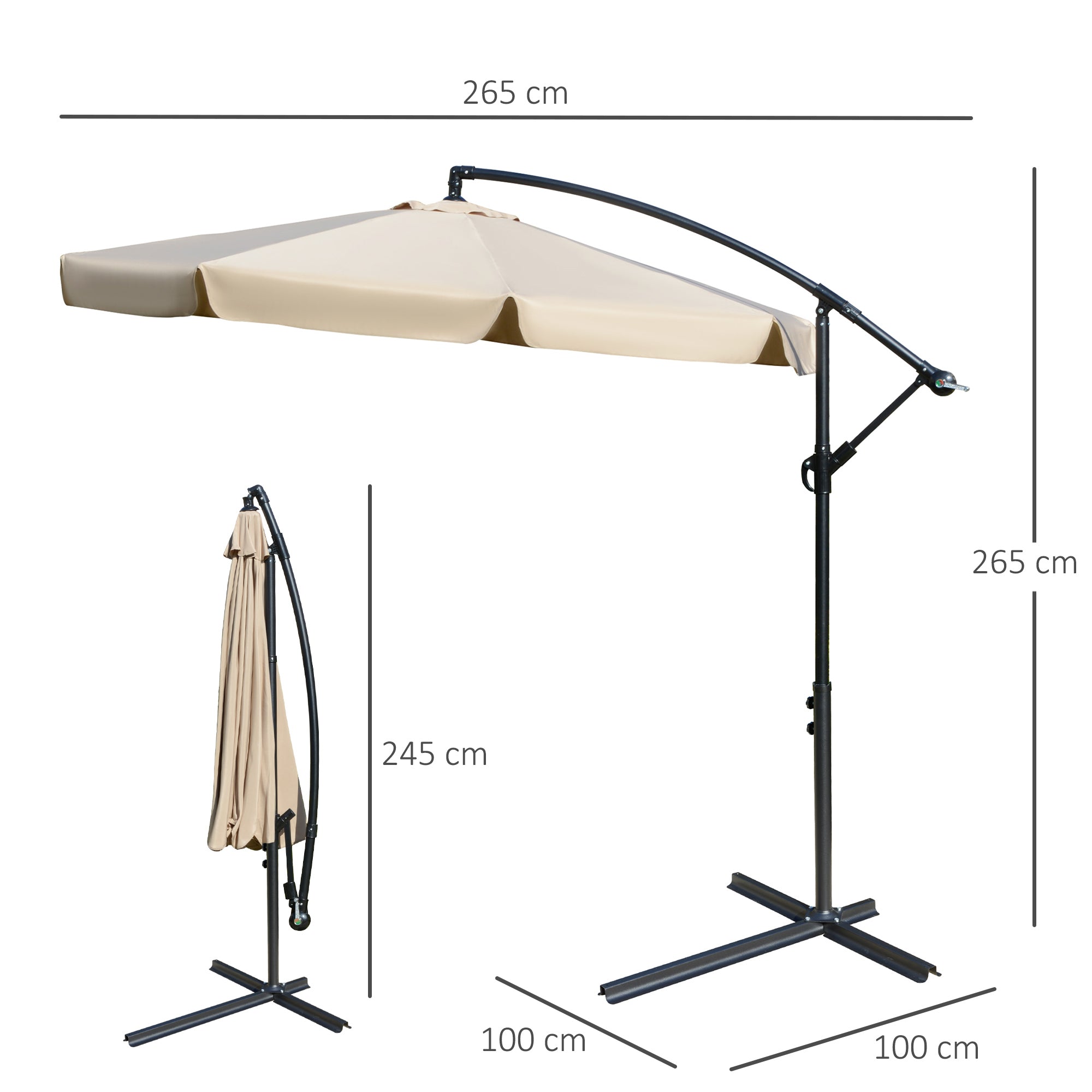 2.7m Cantilever Parasol Sun Umbrella with Crank Handle and Cross Base, Light Brown