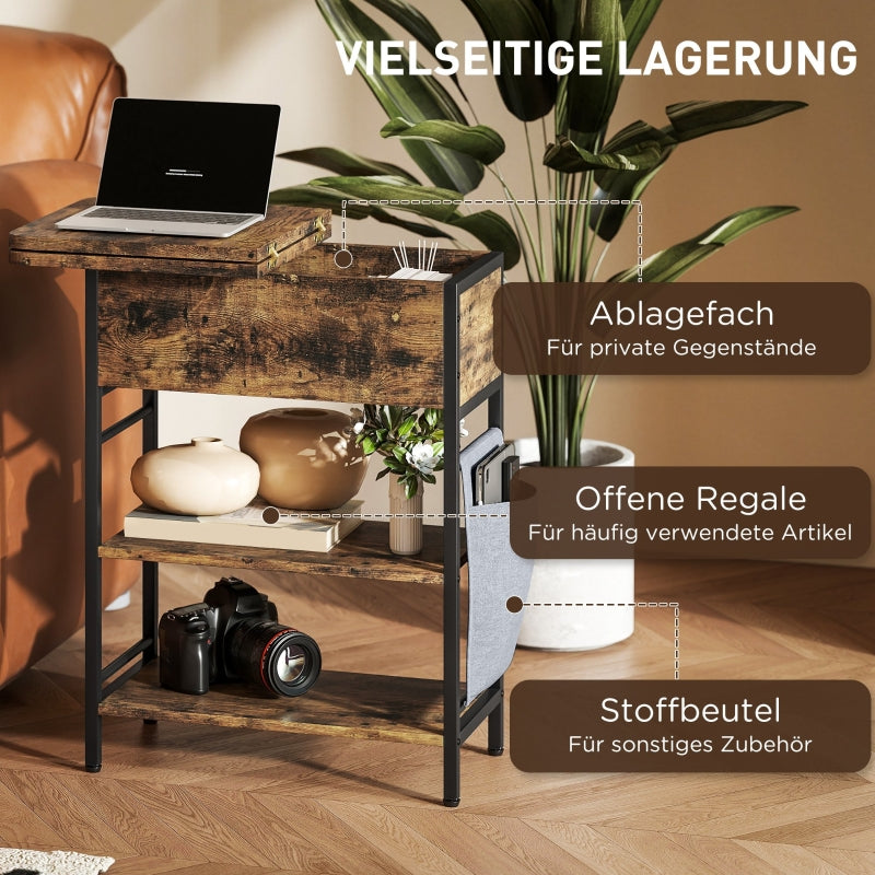 Side Table with Power Strip, 2 Levels, USB Ports, Rustic Brown