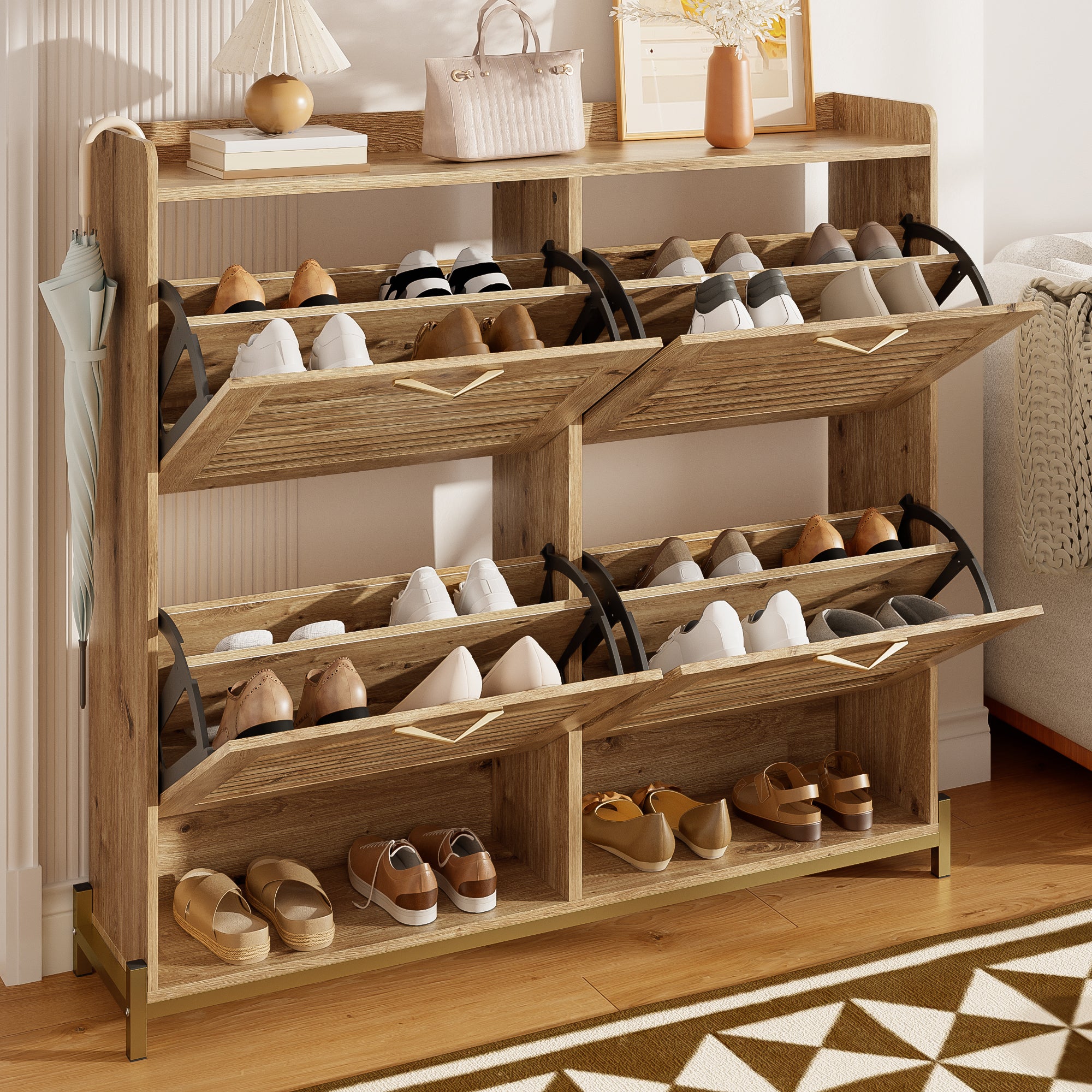 Modern Shoe Cabinet, 4 Doors, Metal Frame, Space-Saving, Wooden Slat