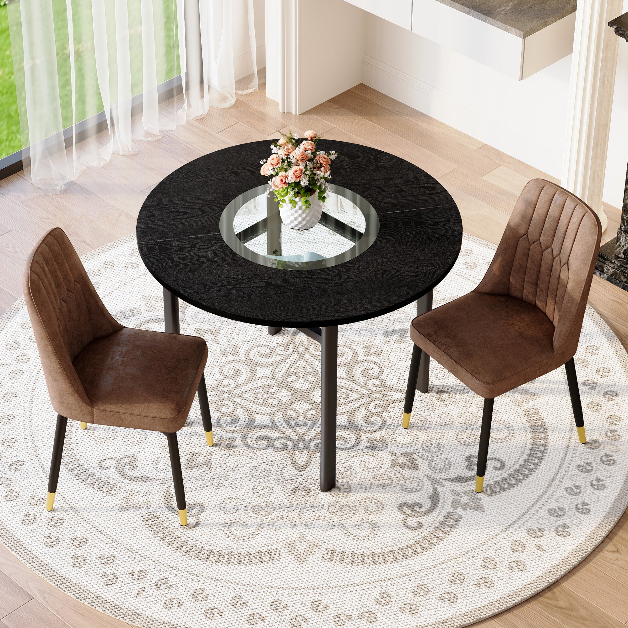 Modern Minimalist Round Table Set, 100cm Diameter Table with 2 Armchairs, Brown Tech Fabric and Black Wood Look