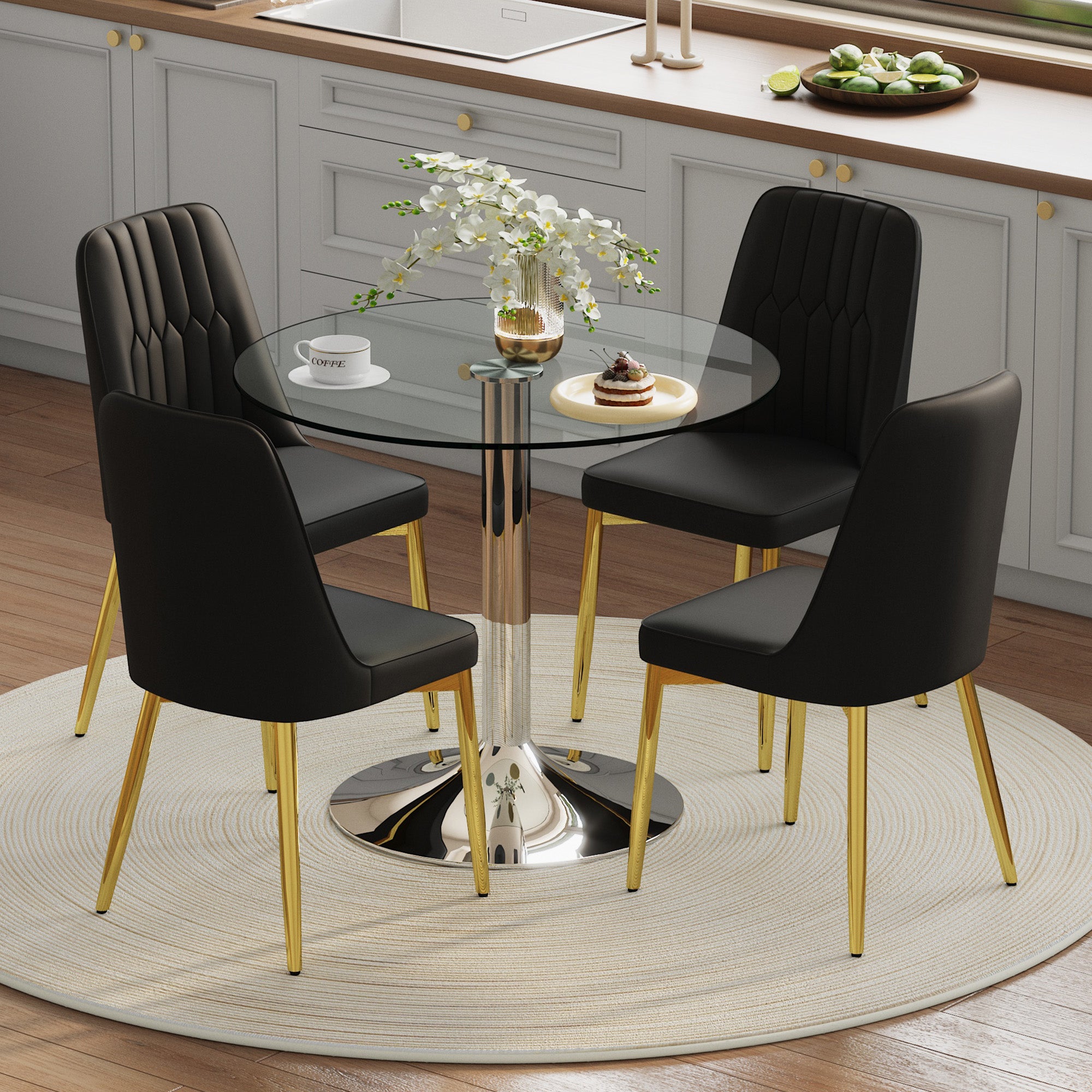 Dining Table Set, Minimalist 85cm Tempered Glass & 4 Chairs, Black PU/Gold Metal