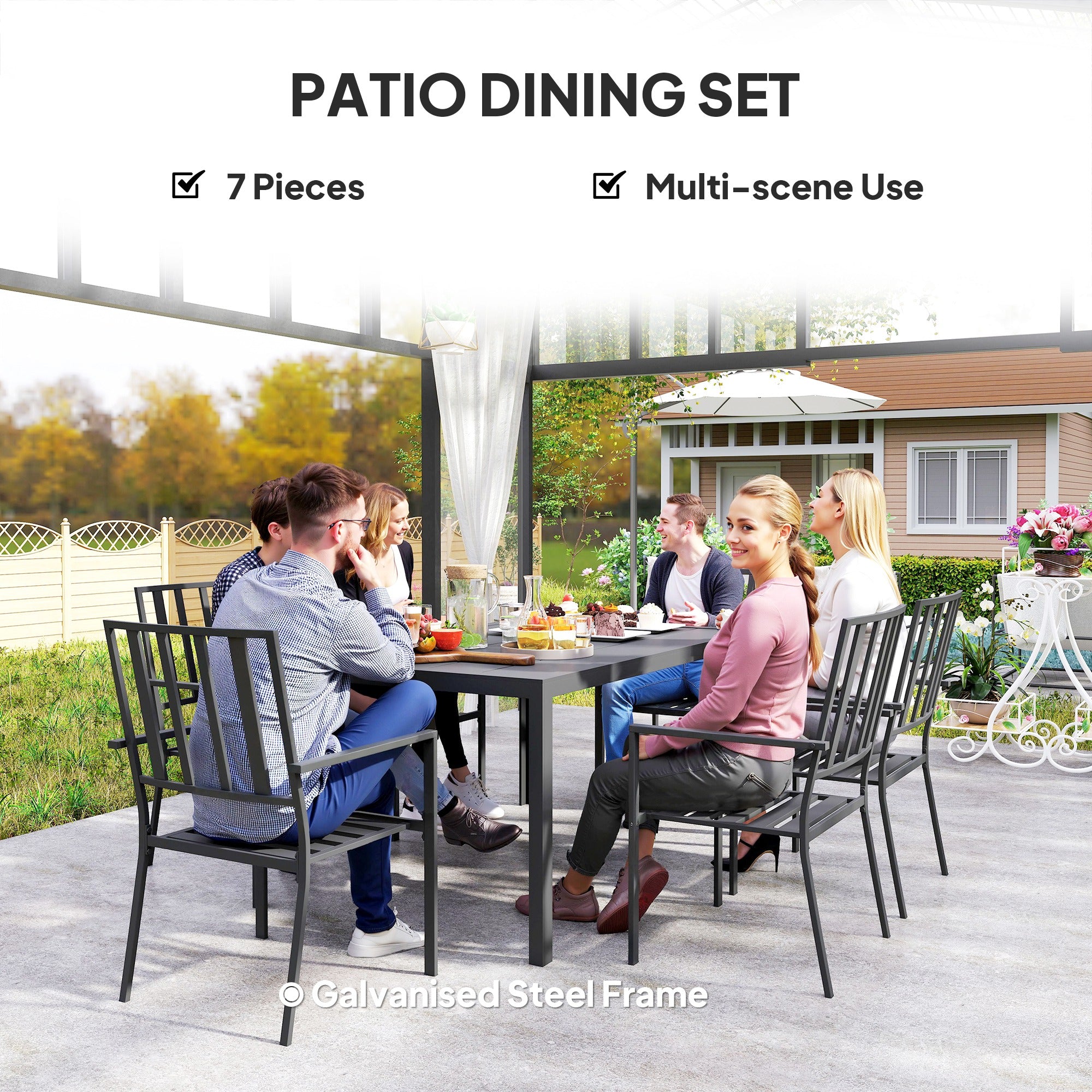 Seven-Piece Garden Dining Set with Parasol Hole - Minimal Metal, Black