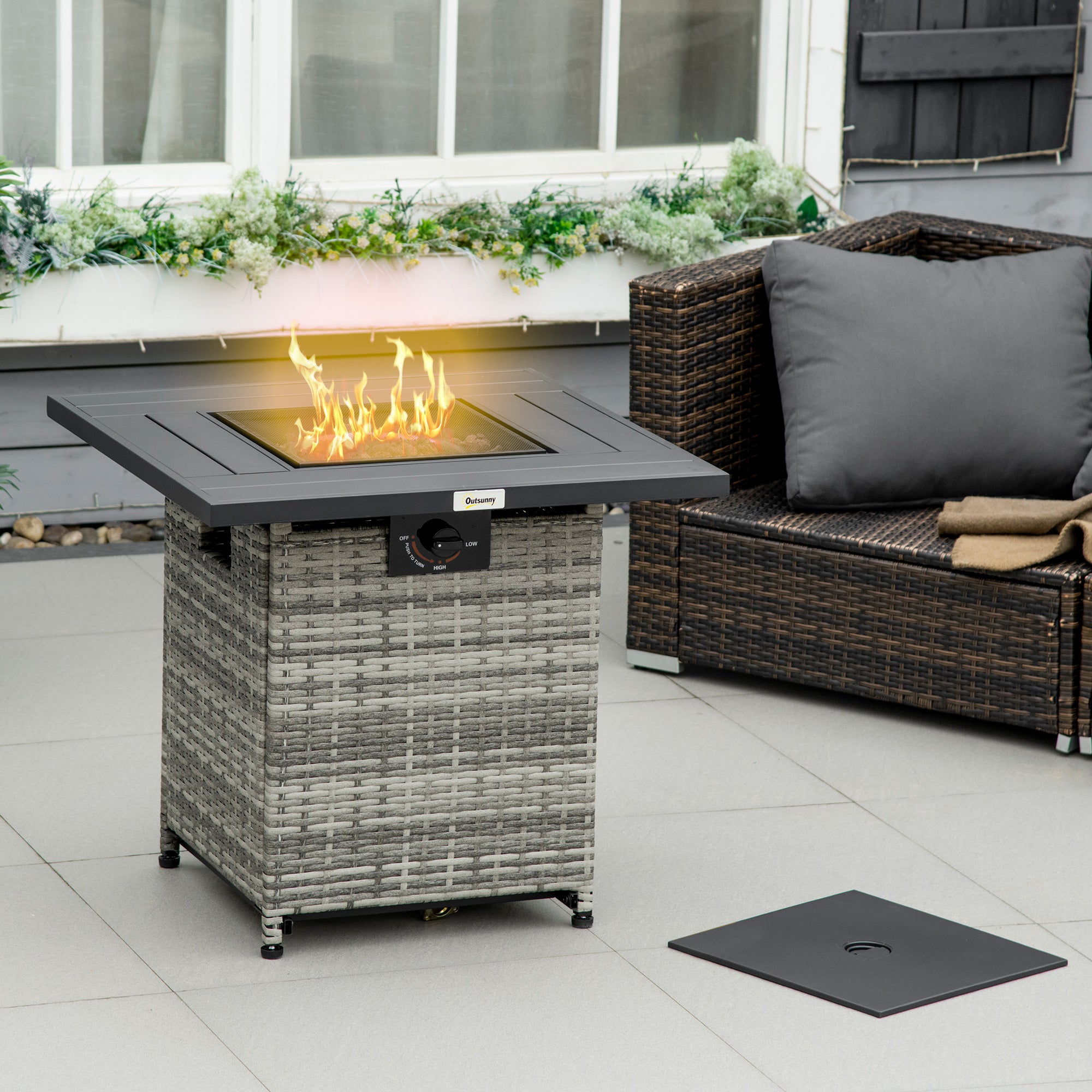 Outdoor PE Rattan Gas Fire Pit Table, Square Propane Heater 40,000 BTU, Mixed Grey