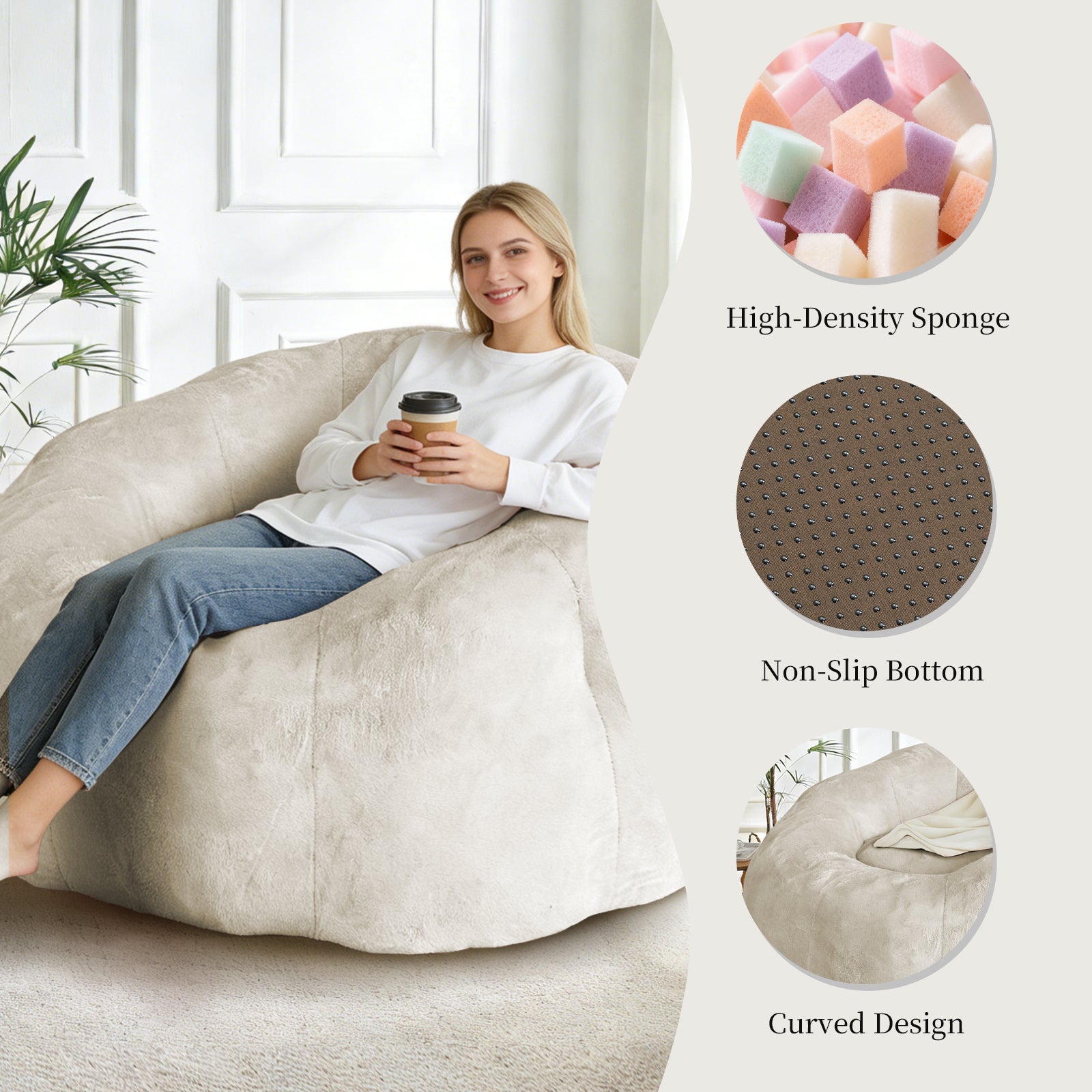 Large Round Bean Bag Lounge Chair, Enhanced Stability for Versatile Relaxation