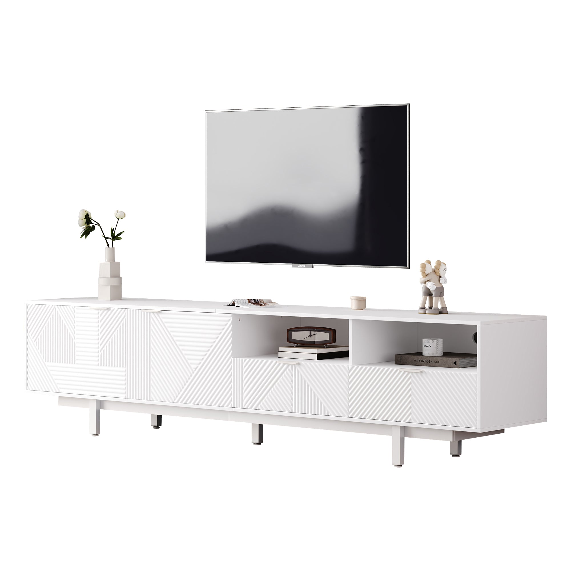 TV Cabinet, Modern Bohemian Abstract Geometric Lines, White, 200x40x51cm for 90-inch TVs