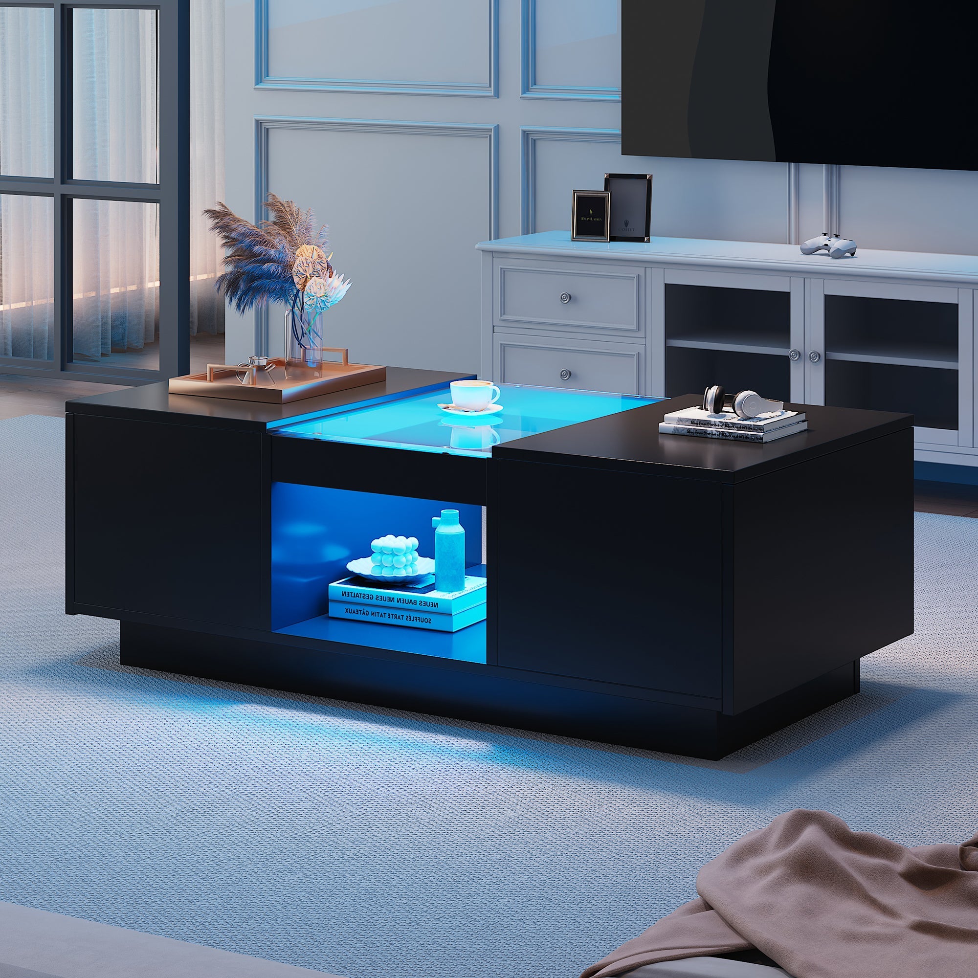 Coffee Table: Modern with Storage & LED Lights, 2 Tiers & 2 Drawers, Large Living Room Center Table, Black Particle Board