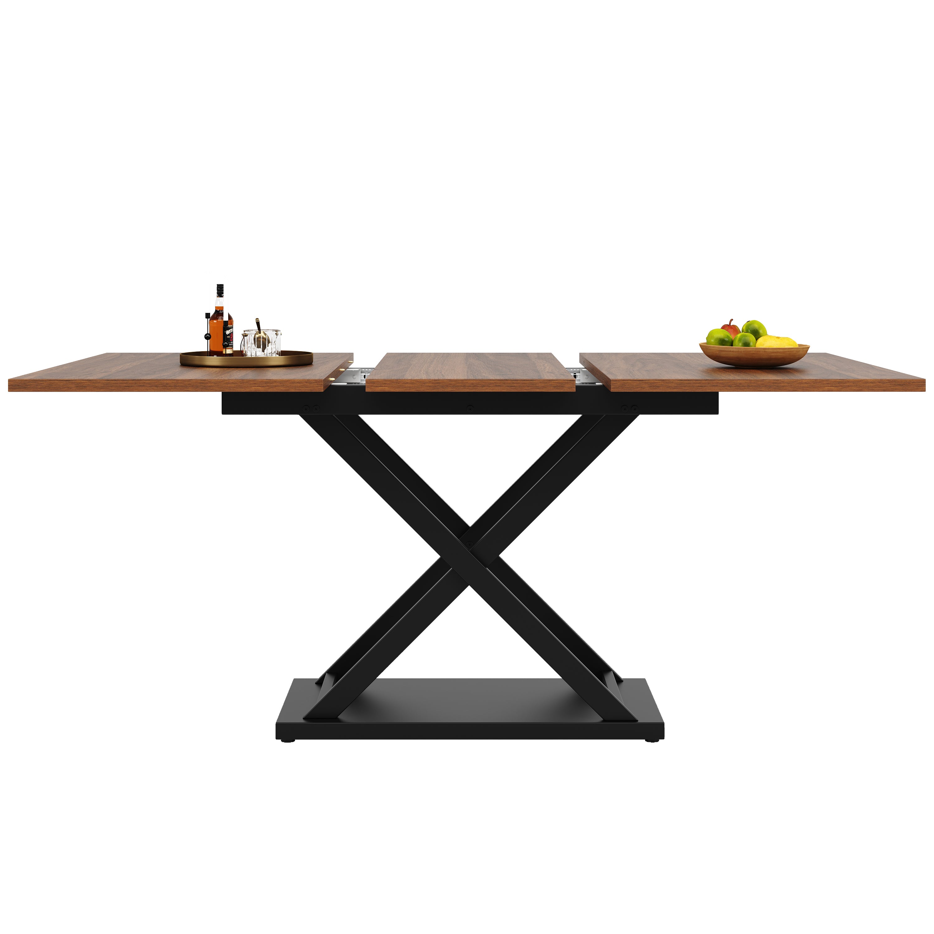 Telescopic Dining Table, Extendable Space-Saving with Crossed Iron Legs, Walnut