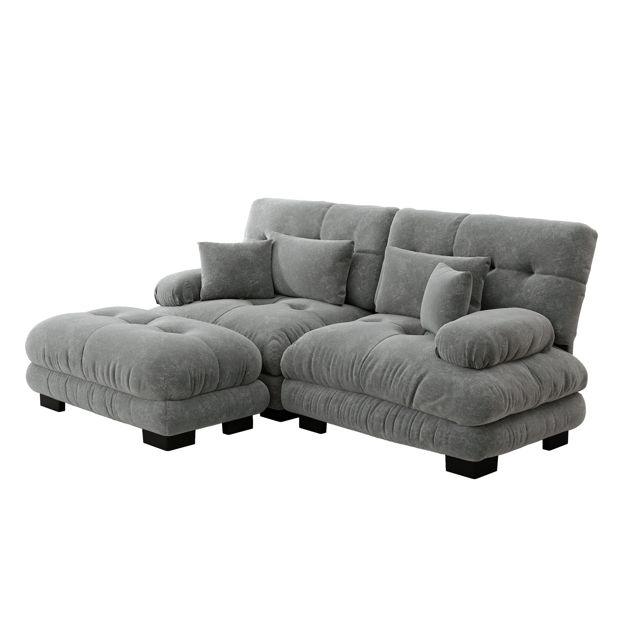 Cloud Corner Sofa, Double with Lumbar & Decorative Pillows, Wide Armrests & Ottoman, Chenille Grey