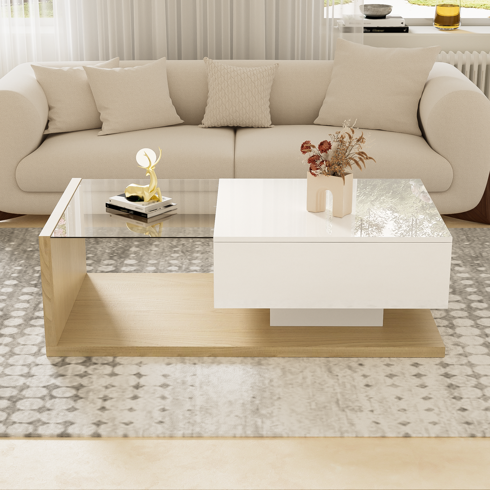 Coffee Table, High-Gloss White & Wood with Glass and LED Effect