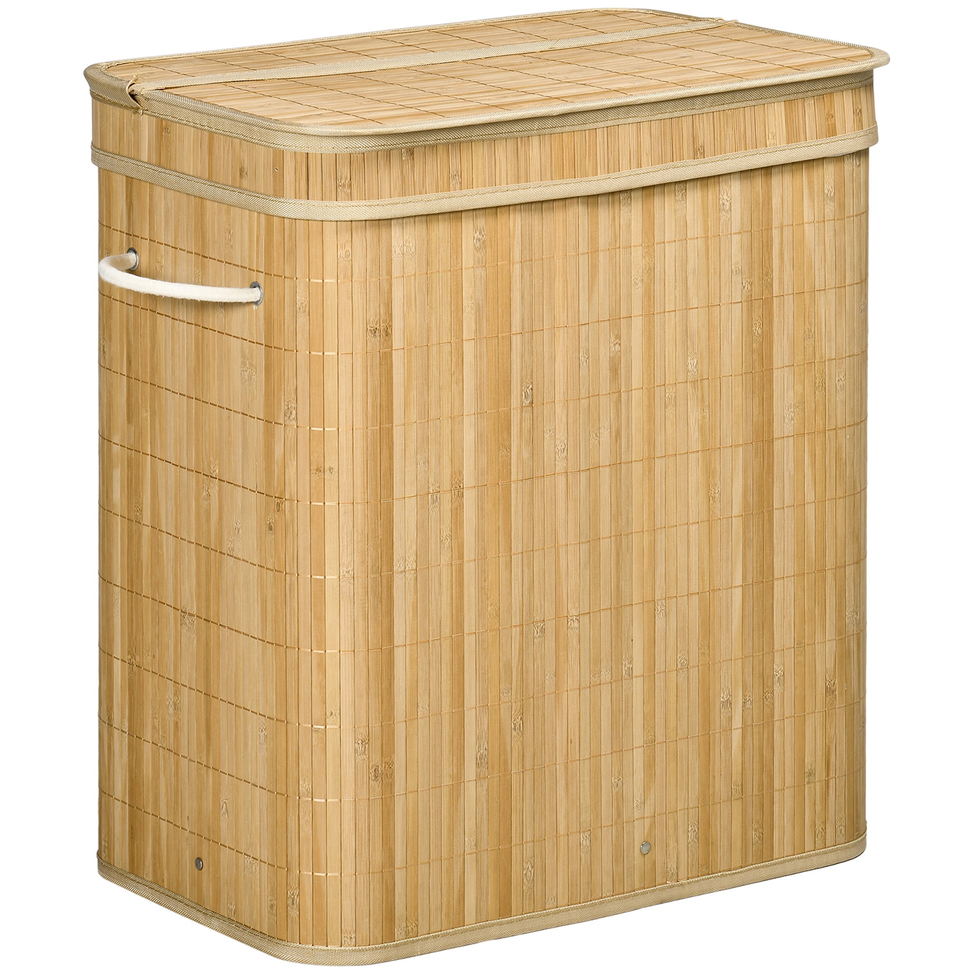 Bamboo laundry basket with lid and handles 90 liter 2 sections with removable fabric bag