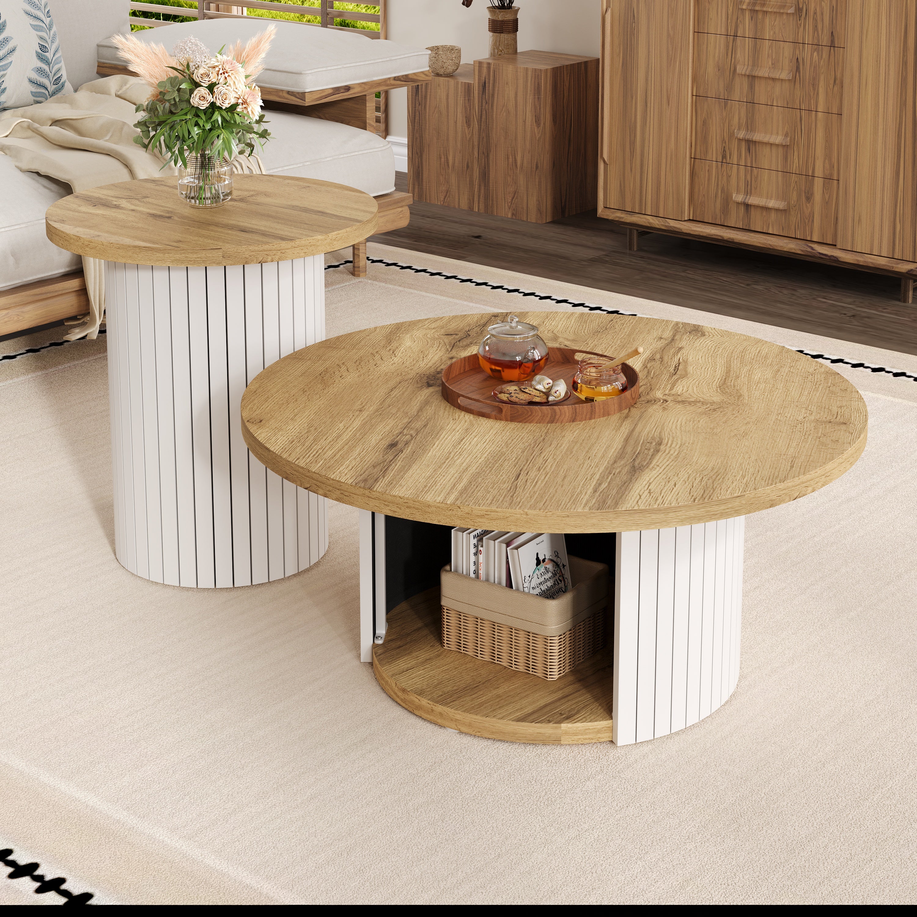 Coffee Table Double Round Multifunctional Natural Wood Slats