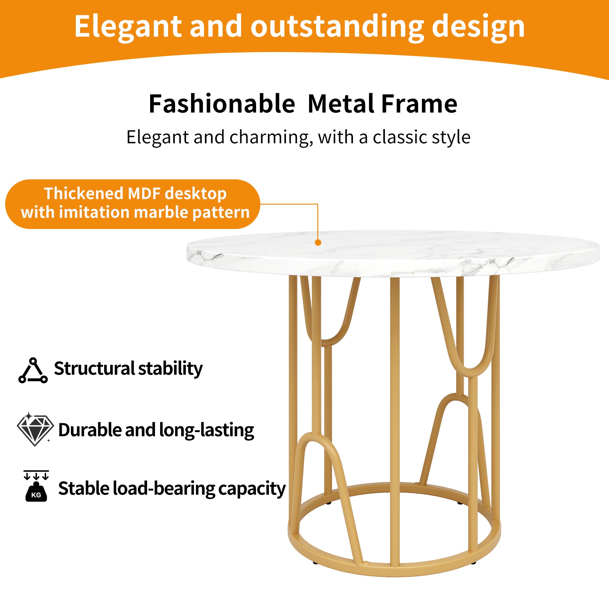 Round Dining Table 80cm 4-6 Seater Marbled MDF Gold Legs