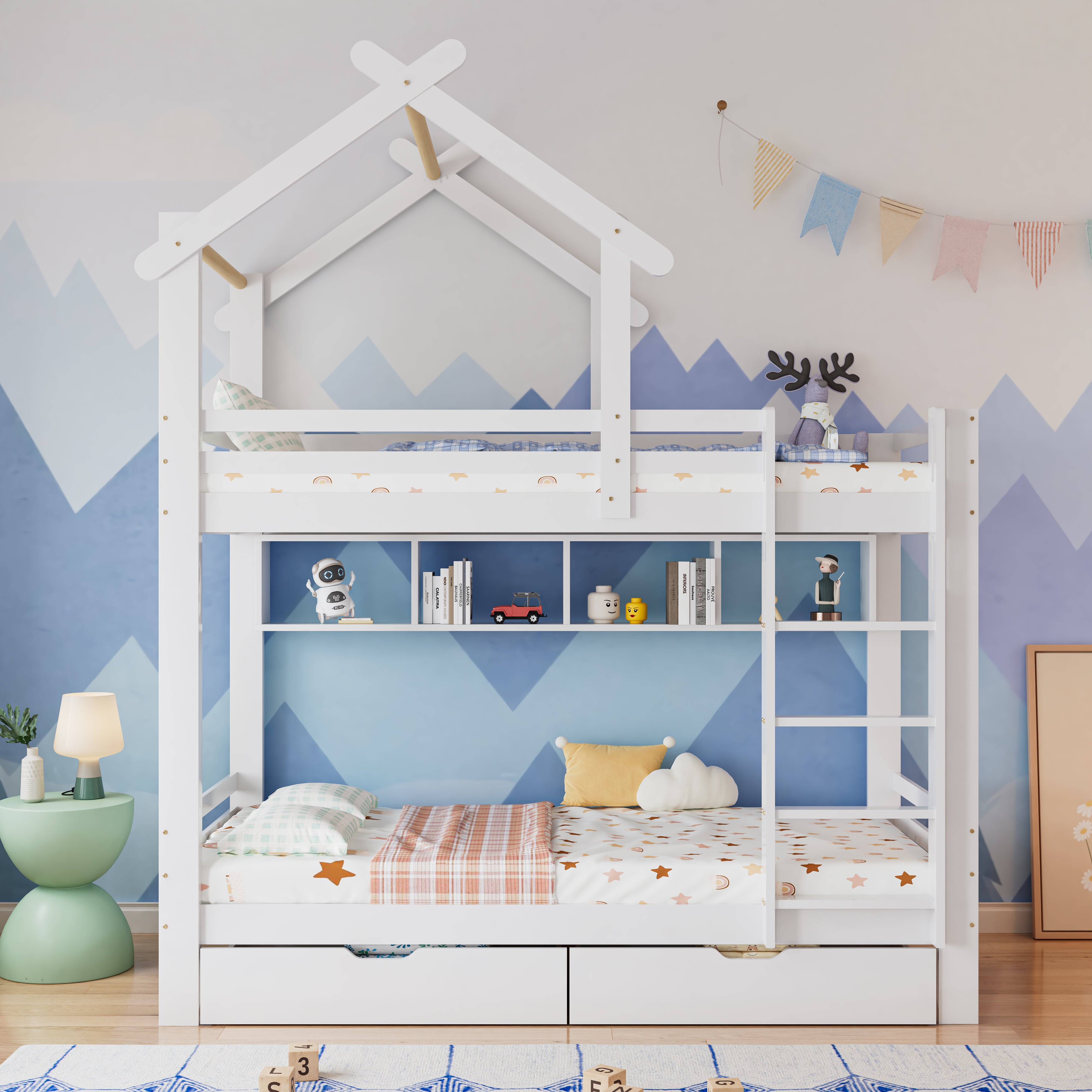 Bunk Bed with Drawers, Shelves & Ladder, Pinewood Frame, White