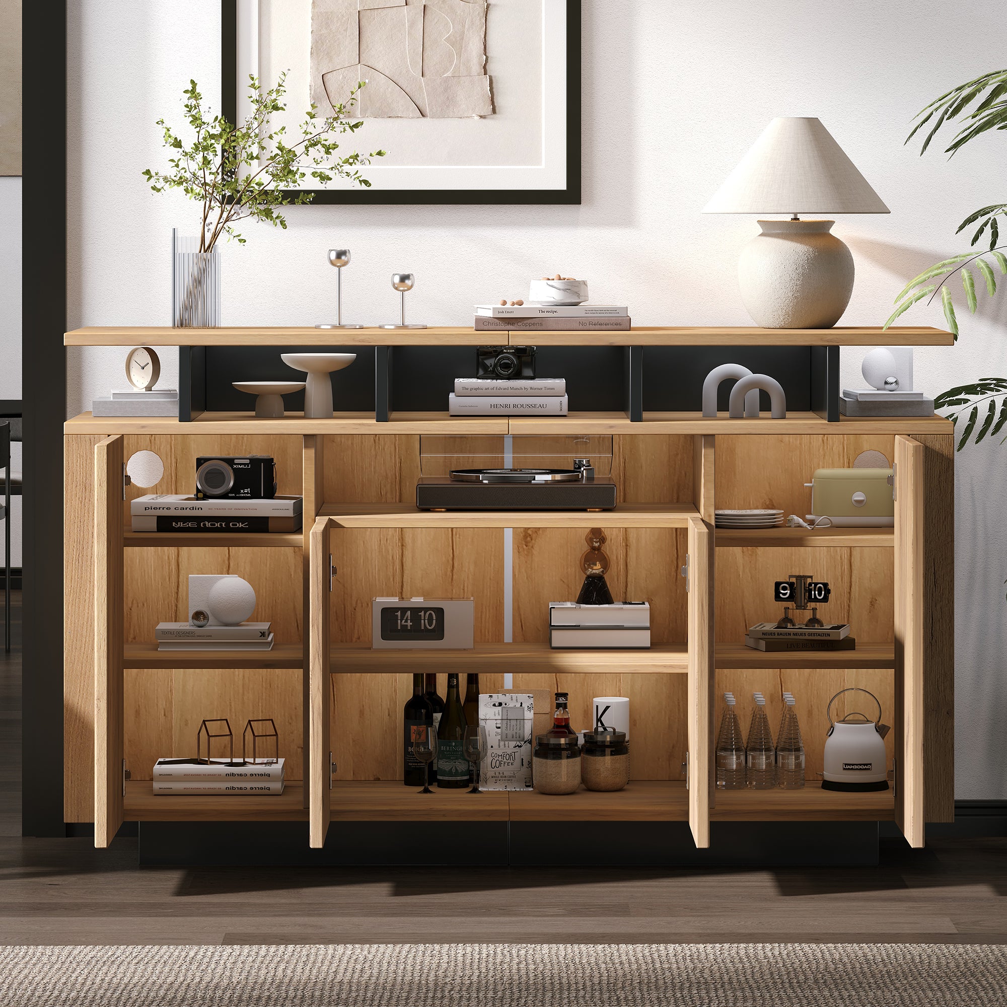 Sideboard Chest of Drawers with 4 Doors and 3 Open Compartments, Natural