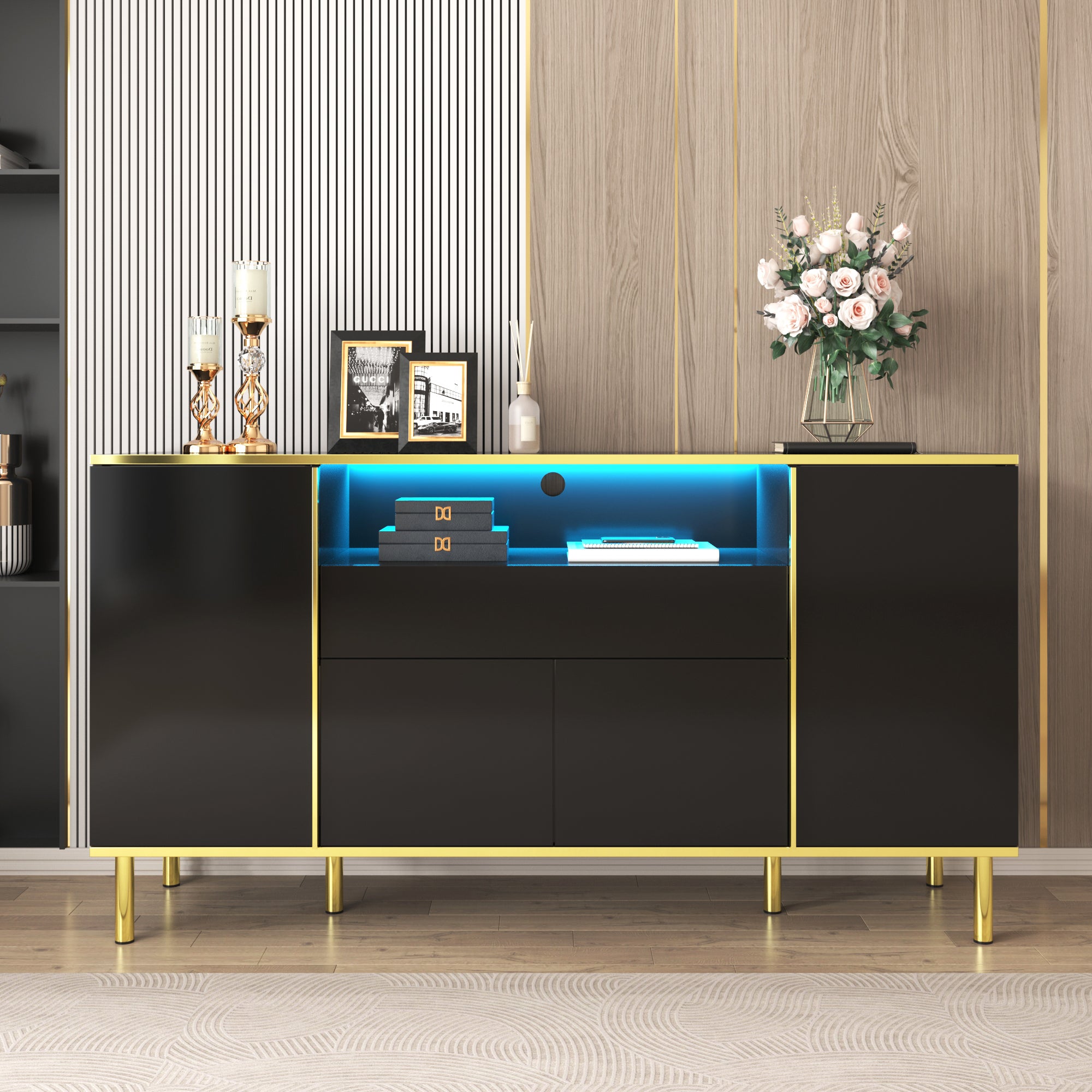 Sideboard, High-Gloss with 1 Drawer, Black