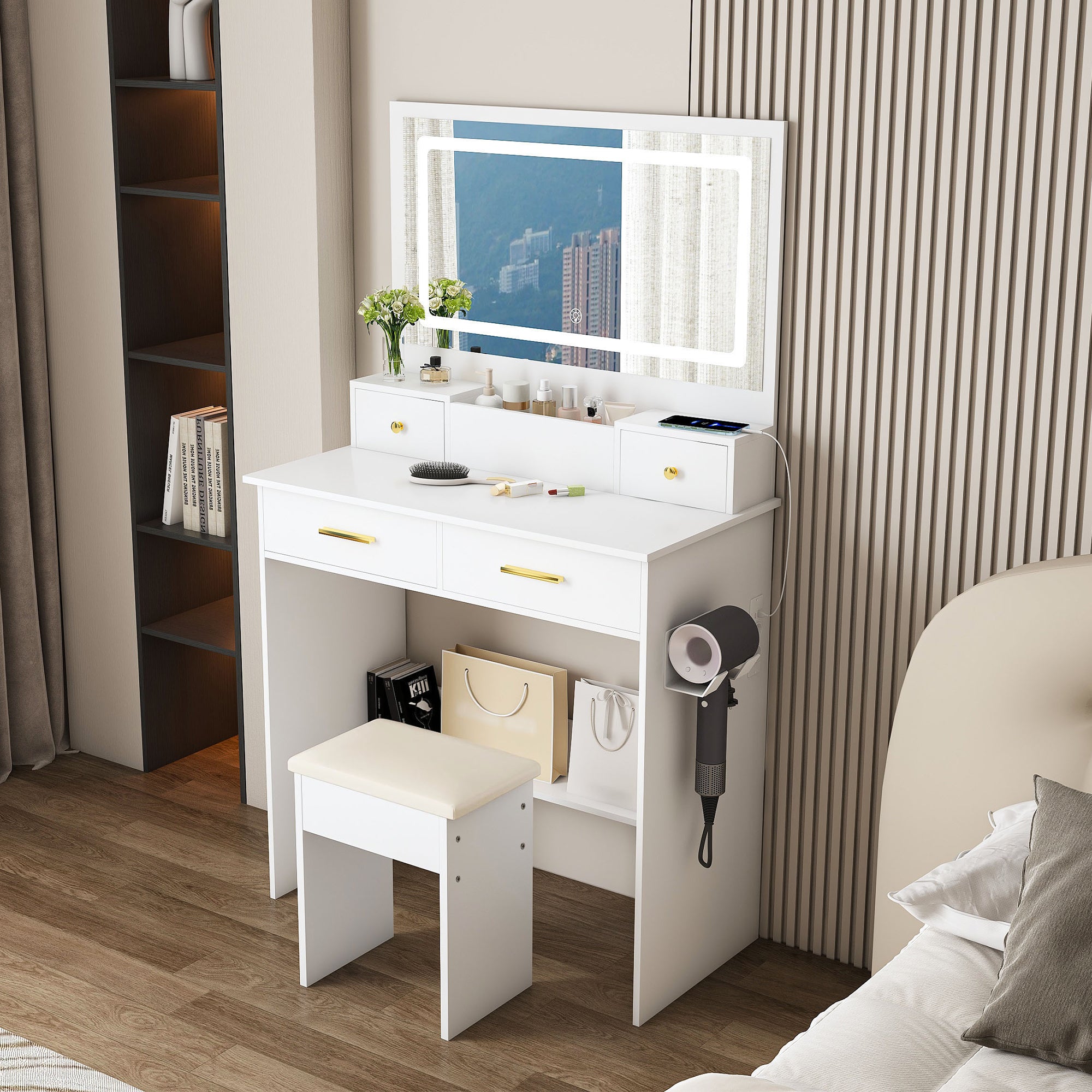 Bedroom Dressing Table, XXL Mirror, Stool, Socket, 4 Drawers, LED Light - White