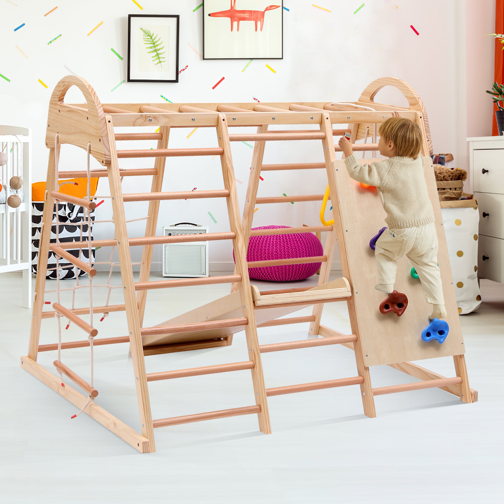 7-in-1 multifunctional climbing frame, solid wood plywood and beechwood