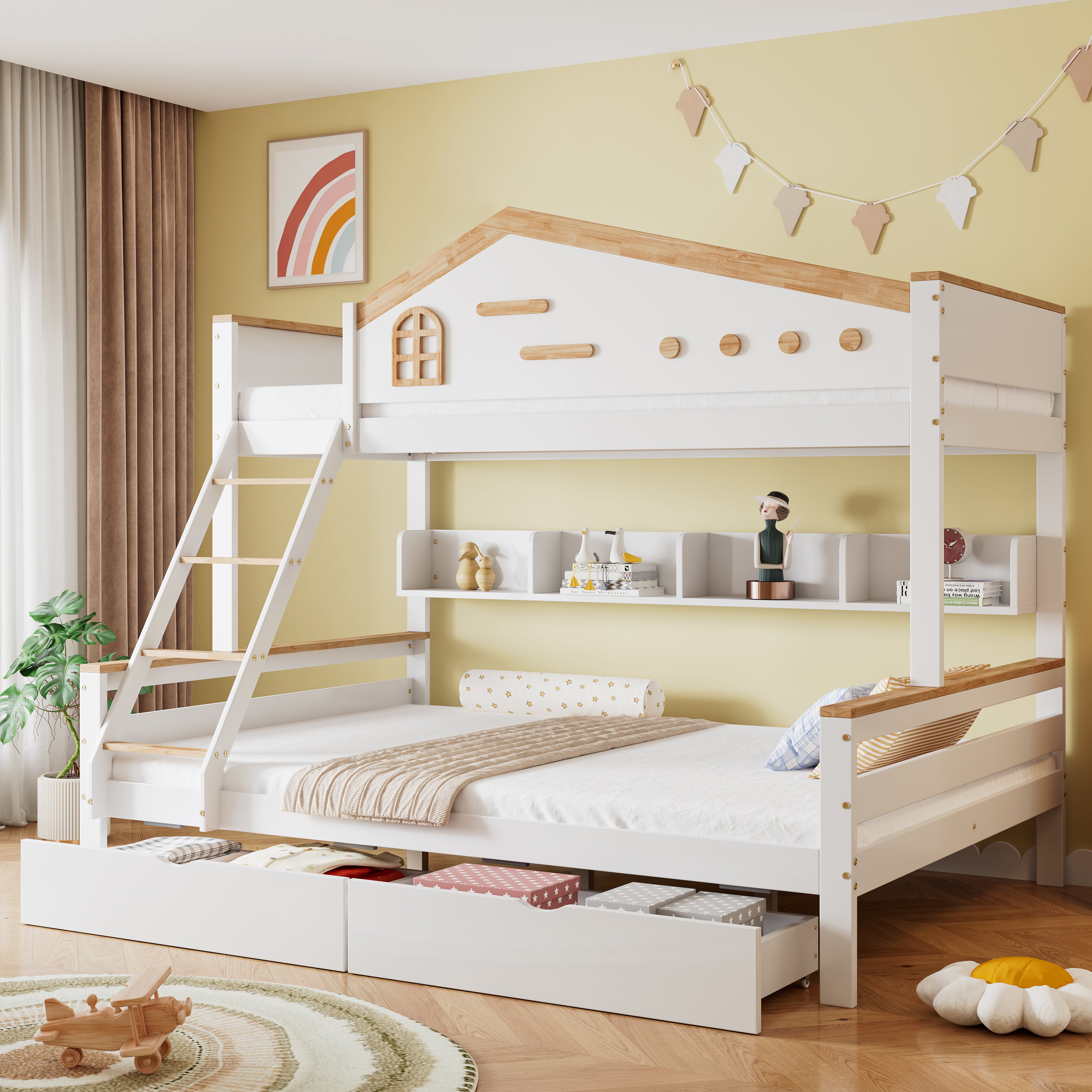 Bunk Bed, Children's with Drawers & Ladder, Pine+MDF White+Natural