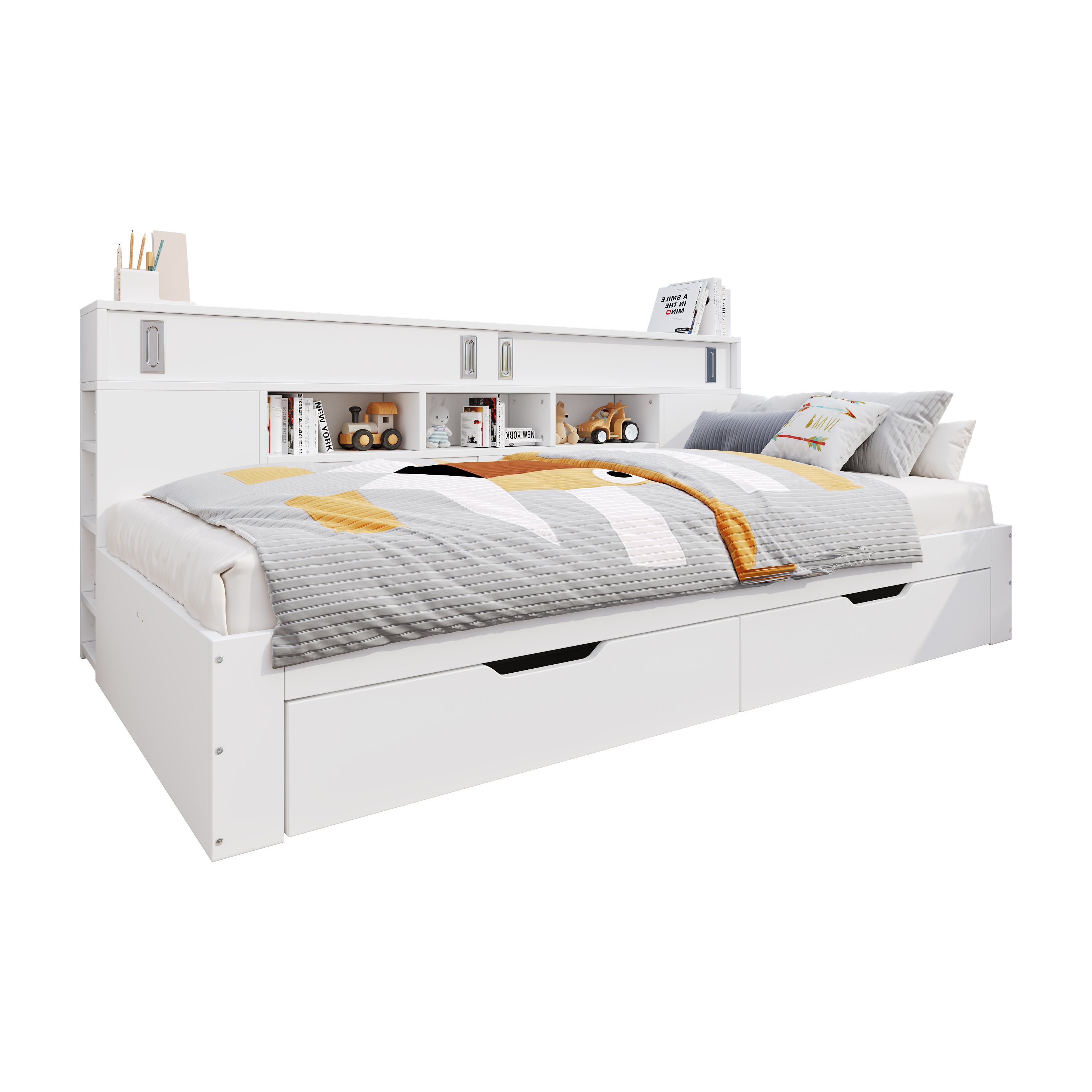 Daybed Single Bed 90x200cm Multifunctional Drawers Bookshelf Storage - White