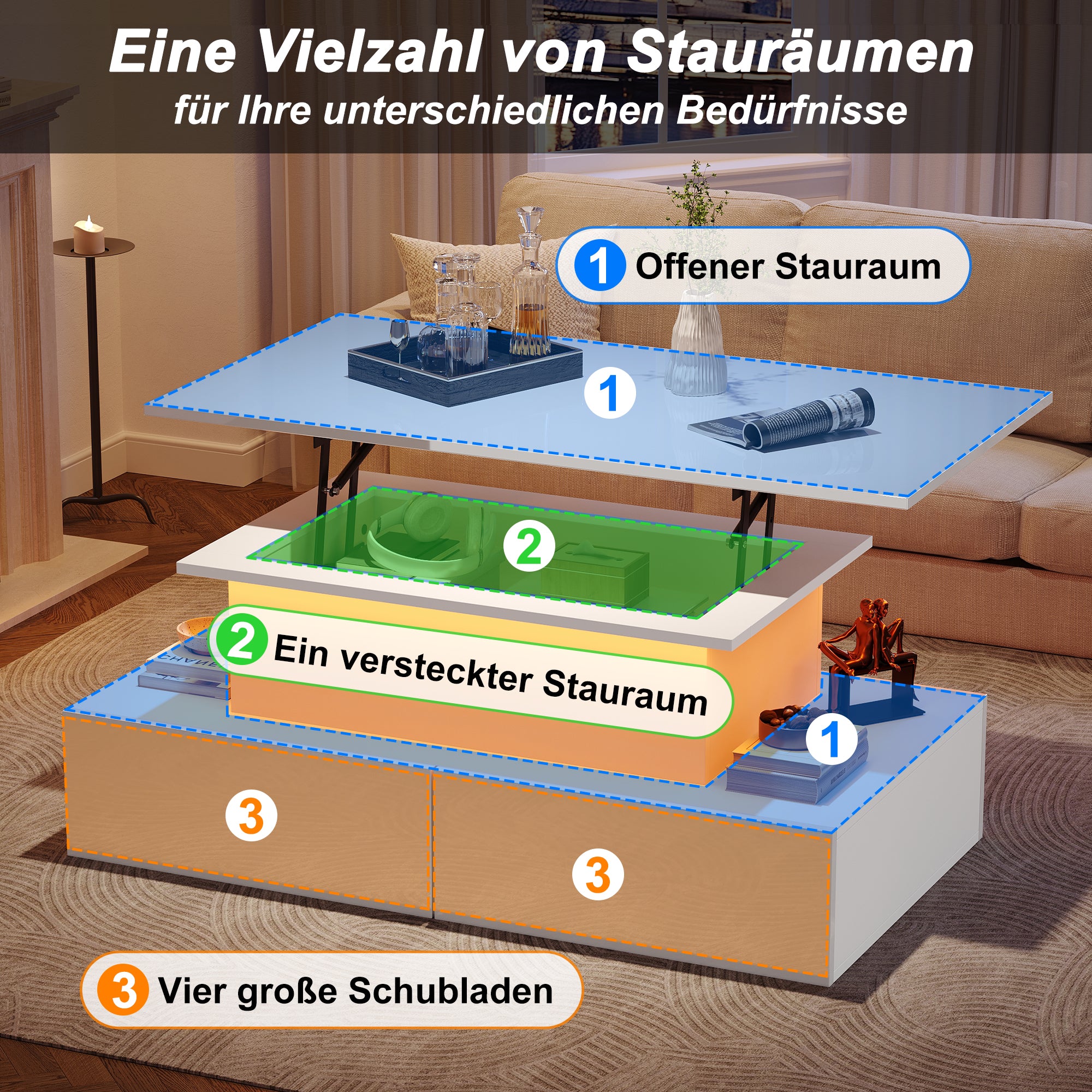 Coffee Table with LED Lighting and 4 Drawers, 90x55x41 cm, White High-Gloss