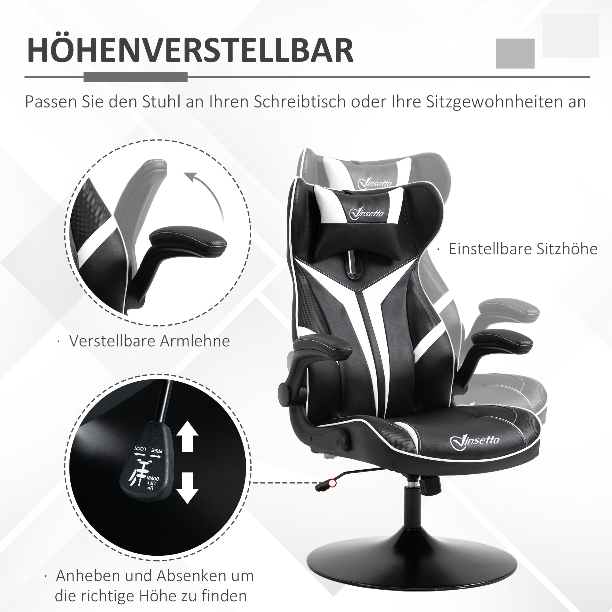 Vinsetto Gaming Chair ergonomic computer chair with rocking function, height adjustable steel black and white