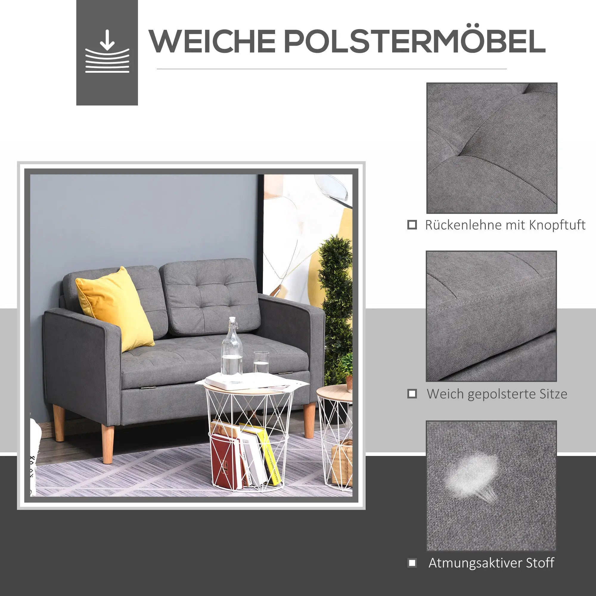 2-Seater Sofa, Removable Cushions, Fabric, Grey