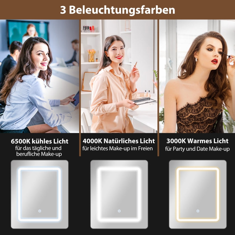 Compact Dressing Table, Mirror, LED Lighting, Folding Tabletop, Open Shelves, Drawer, White MDF