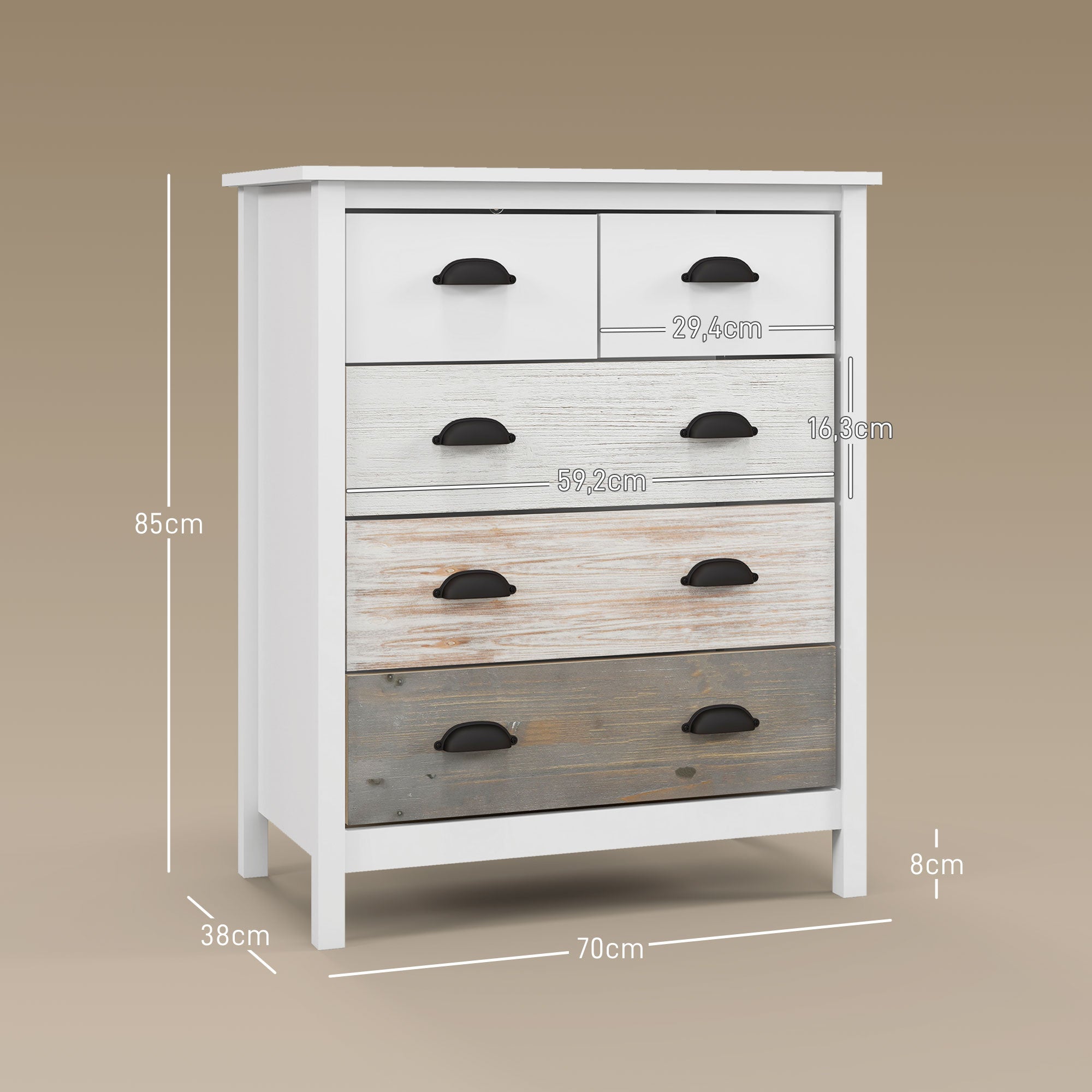 Chest of Drawers Storage Cabinet 5 Drawers Anti-Tip Device 70x38x85cm, White