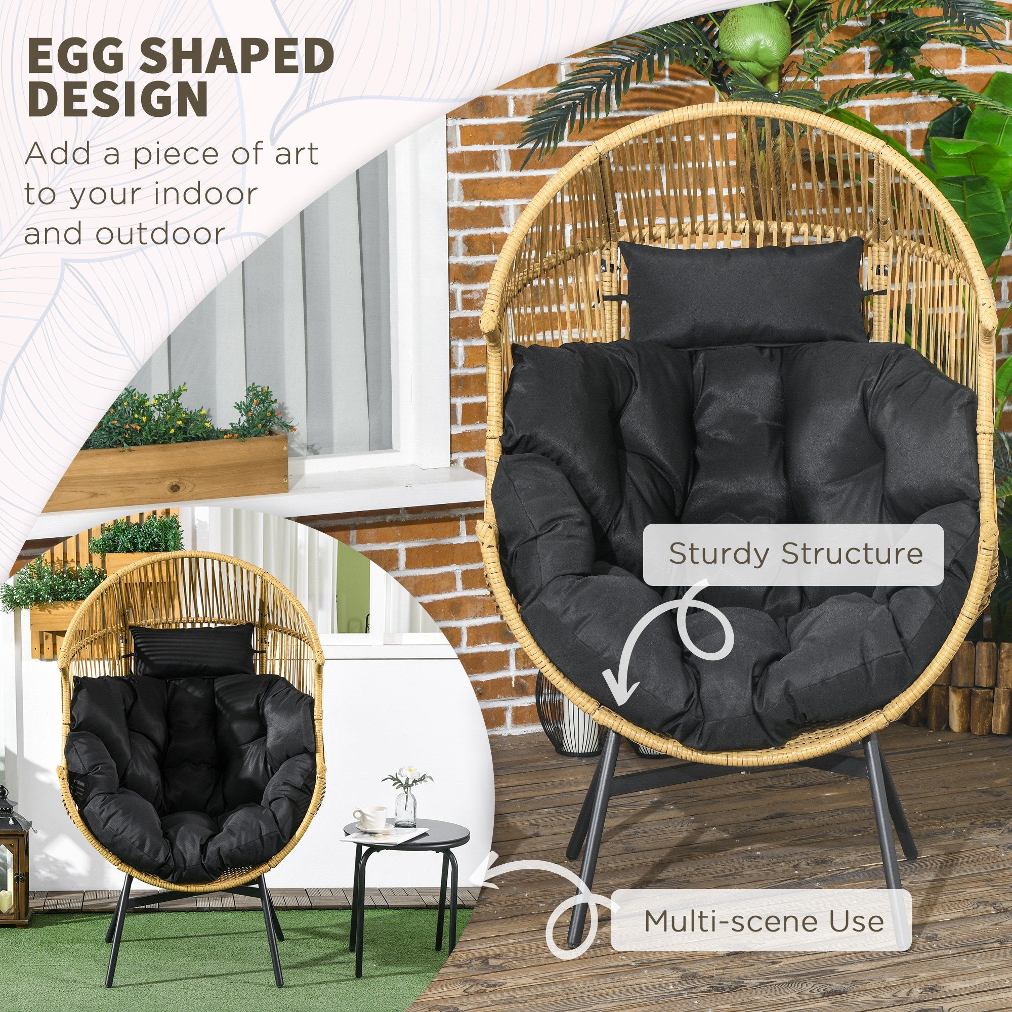 String Rattan Egg Chair with Padded Cushion, Sand/Black