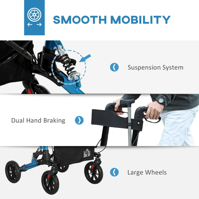 Folding Rollator Walker, Lightweight with Seat, Backrest, Dual Brakes, Adjustable Handle Height, and Storage Bag, Blue