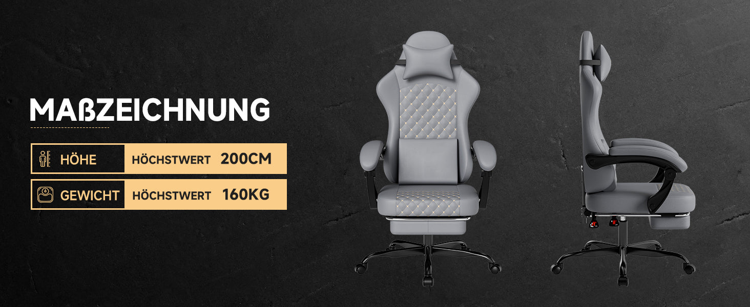 Gaming Chair Ergonomic Massage Footrest 150kg, Grey PVC Leather