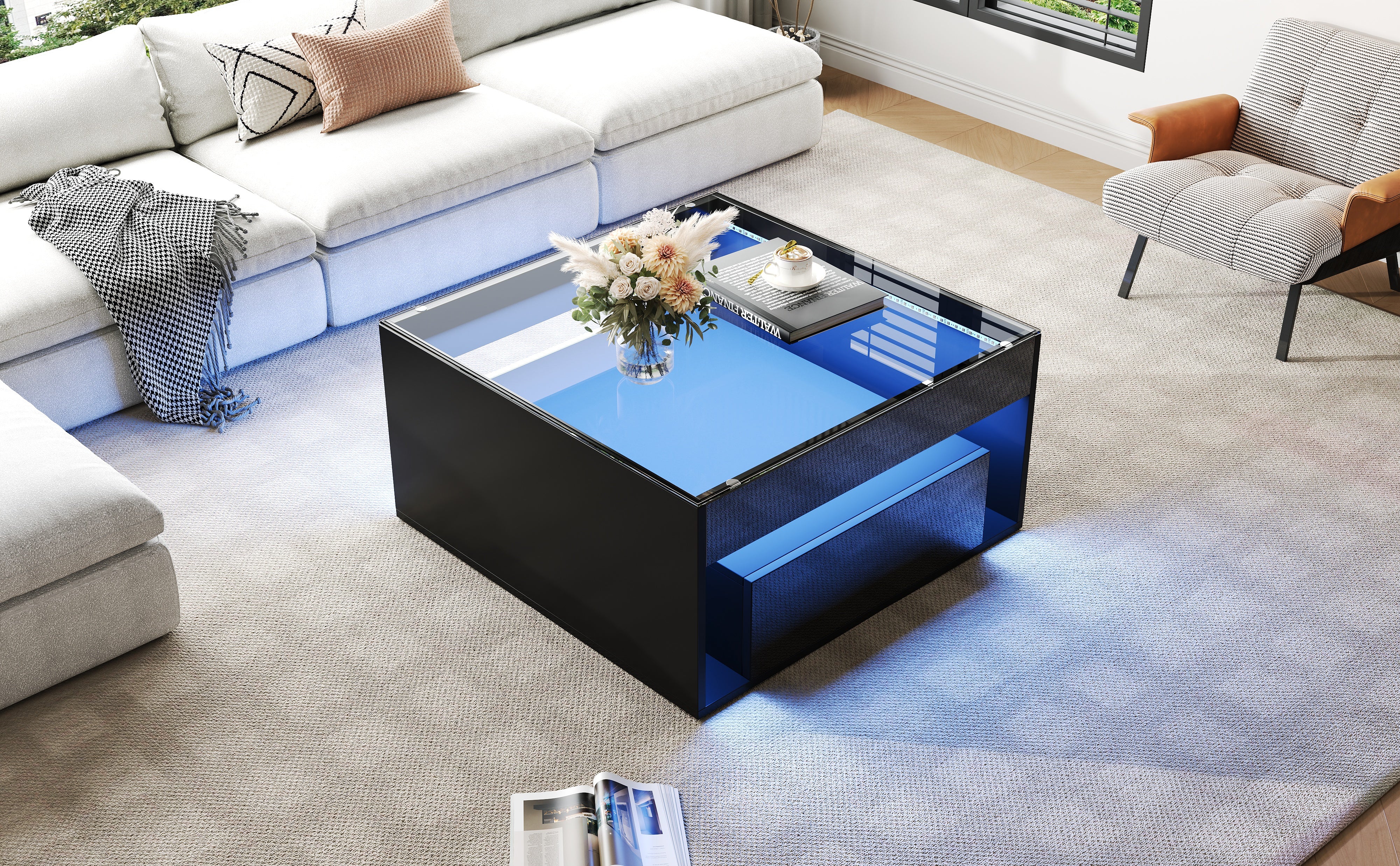 Coffee Table with 2 Drawers and LED Tempered Glass Top, High Gloss Black