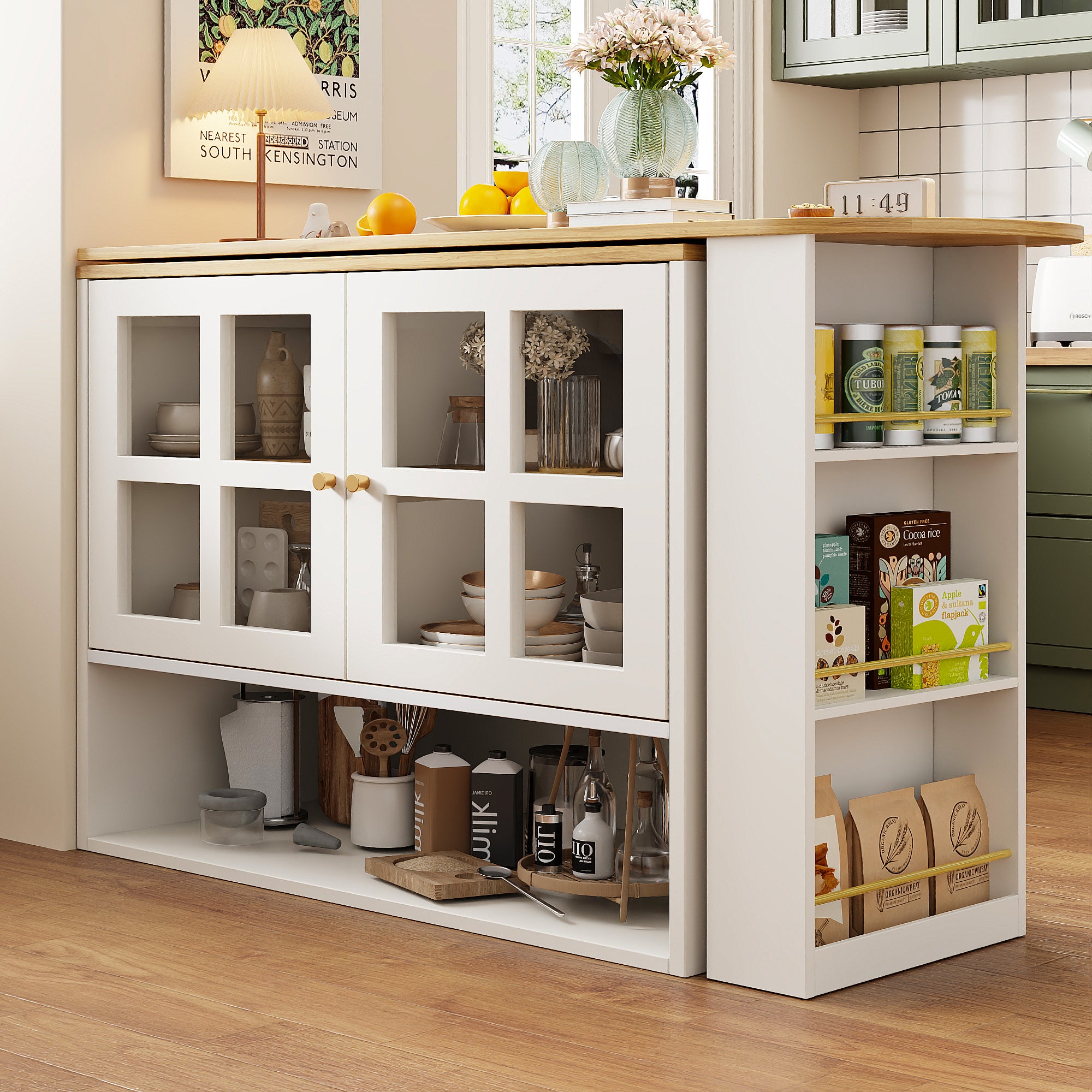 360° Rotating Sideboard - Multifunctional Dining Bar, 5 Shelves & Glass - White