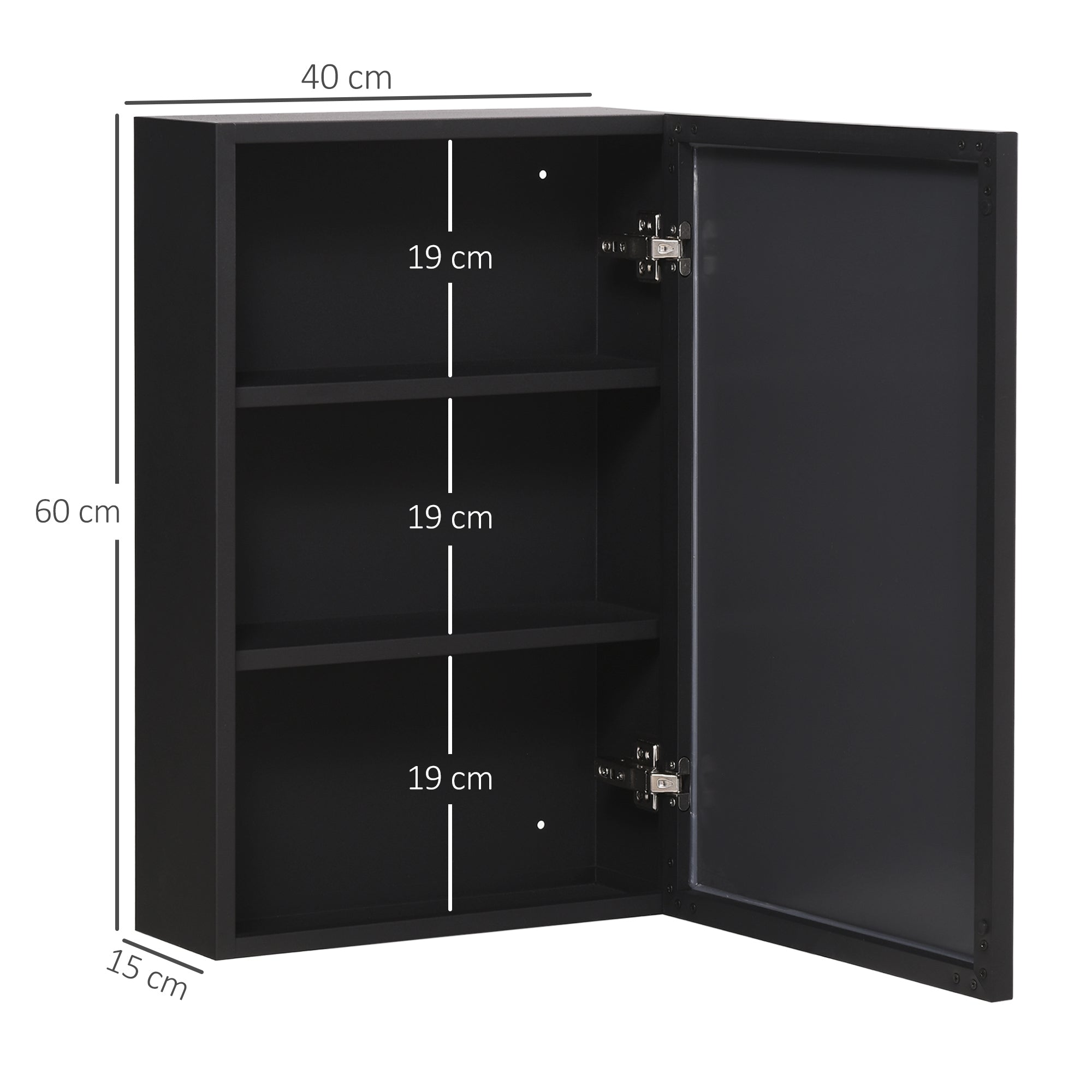 Wall-Mounted Mirror Cabinet, 3 Shelves 40x15x60 cm, Black