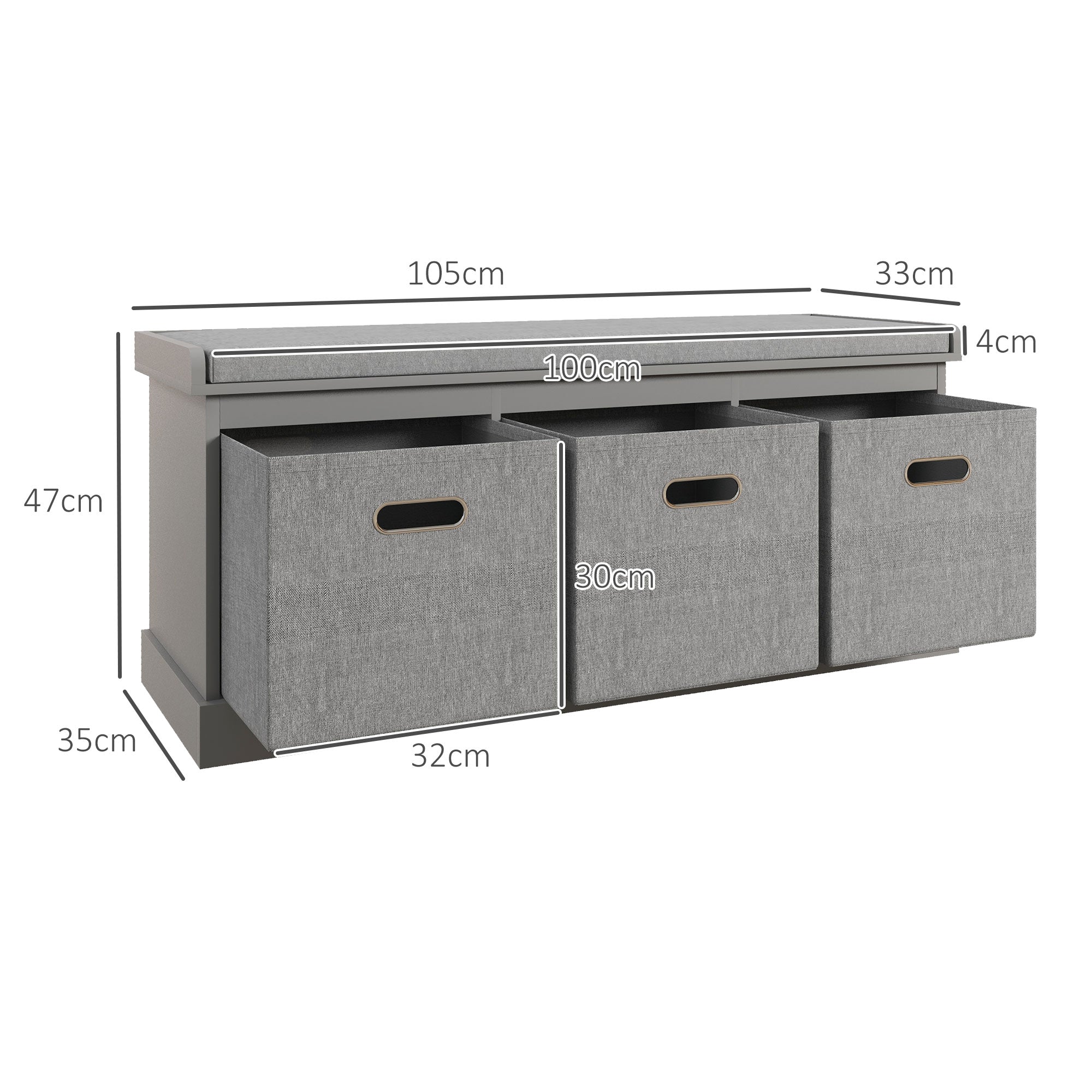 Shoe Storage Bench Three-Drawer Padded Top Grey