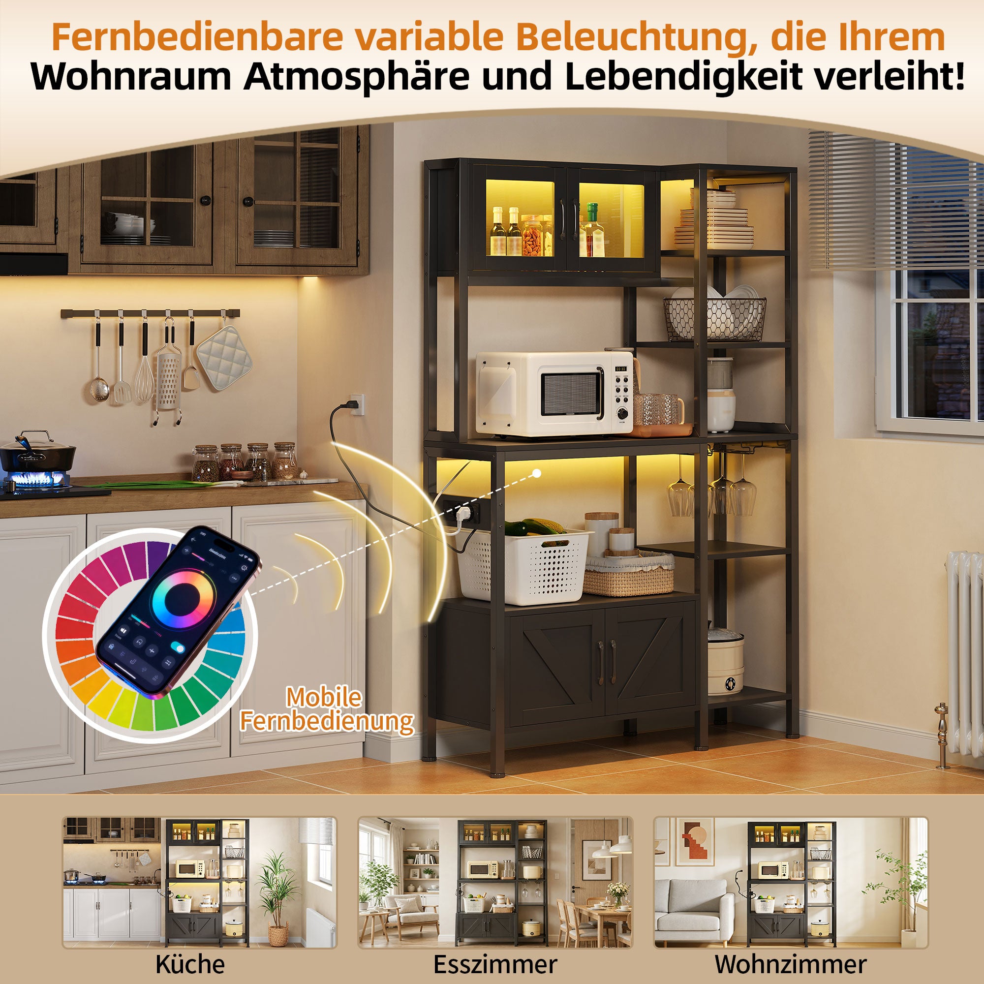 Kitchen Baker's Rack with Power Outlet and LED Lights, Microwave Shelf and Wine Glass Holder, Particle Board and Stainless Steel