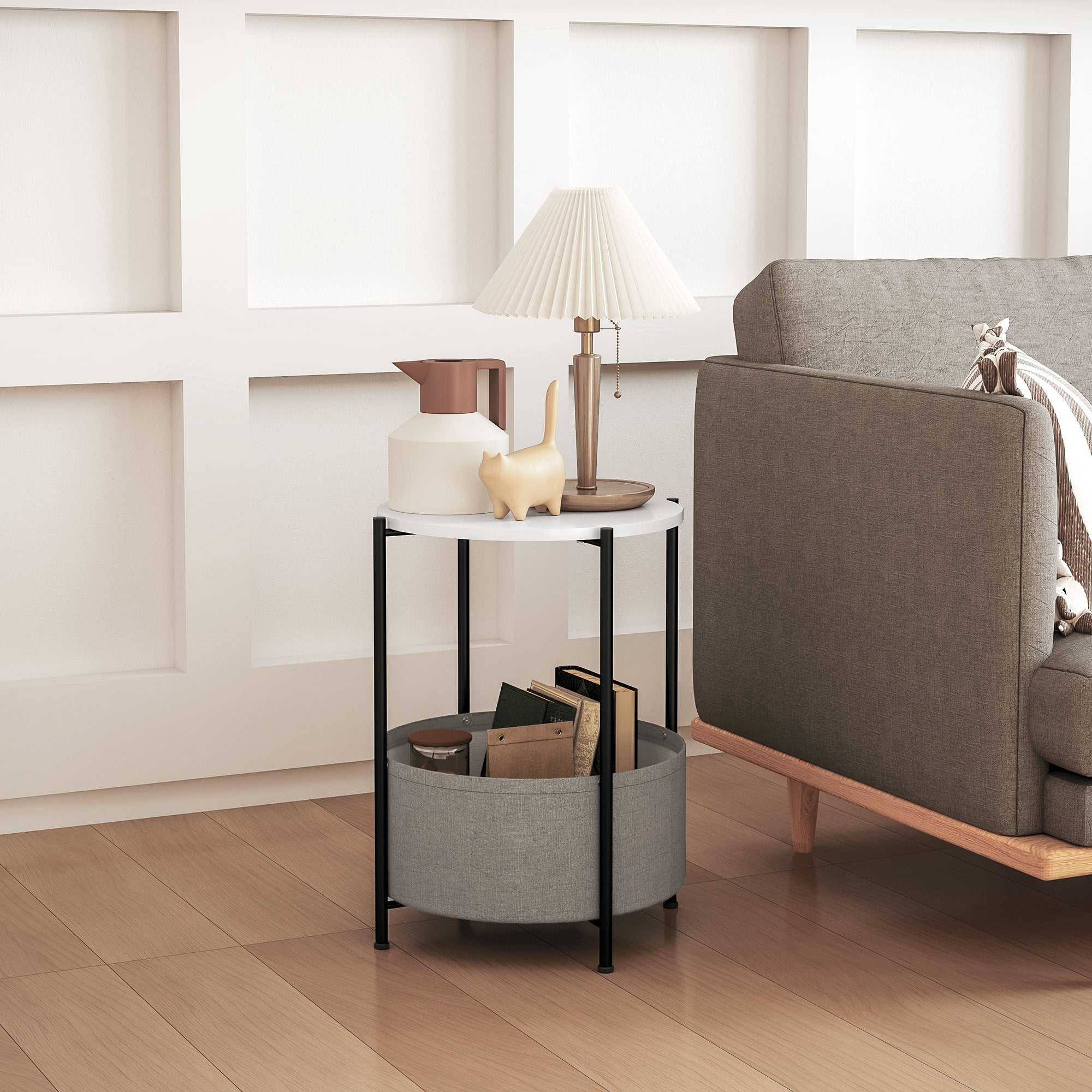 Side Table, Round Coffee Table with Storage, Steel, Grey+White