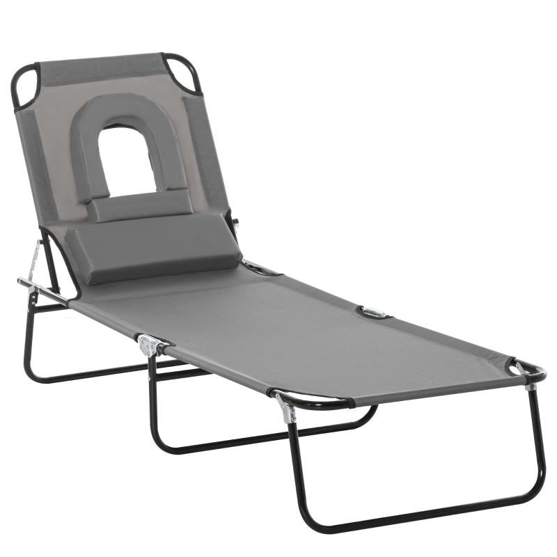 Sun Lounger Face Hole Cushion Foldable Water-Repellent Metal Frame - Dark Grey