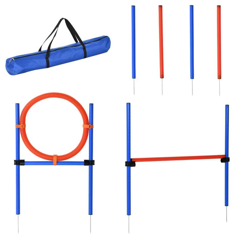 Dog Agility Set, 3 in 1, Slalom Hurdle Jumping Ring, Blue+Red
