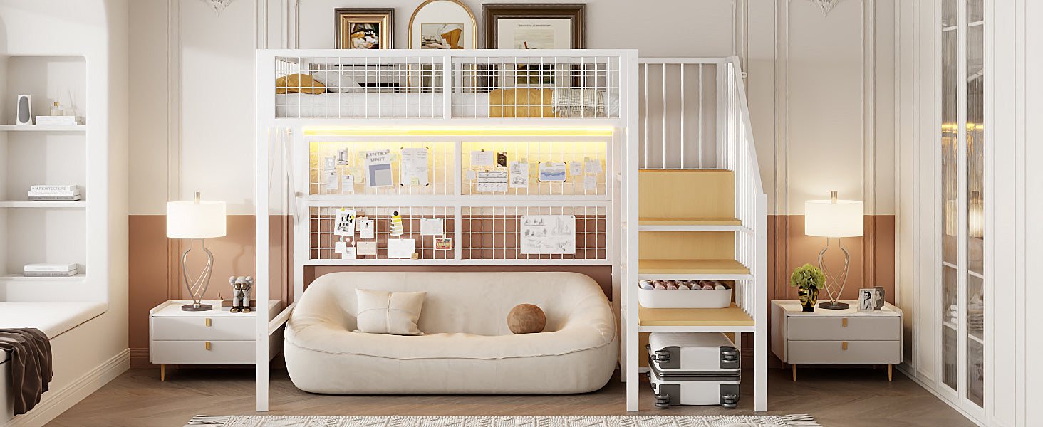 Iron Loft Bed, 90x200 with LED, Storage Stairs, Open Wardrobe, Black and White Metal