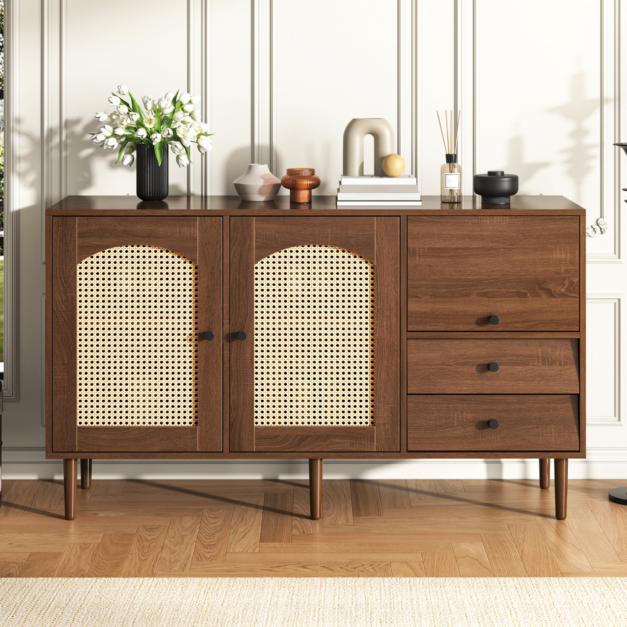 Sideboard, Country-Style with Rattan Doors, Adjustable Shelves, Wood Color