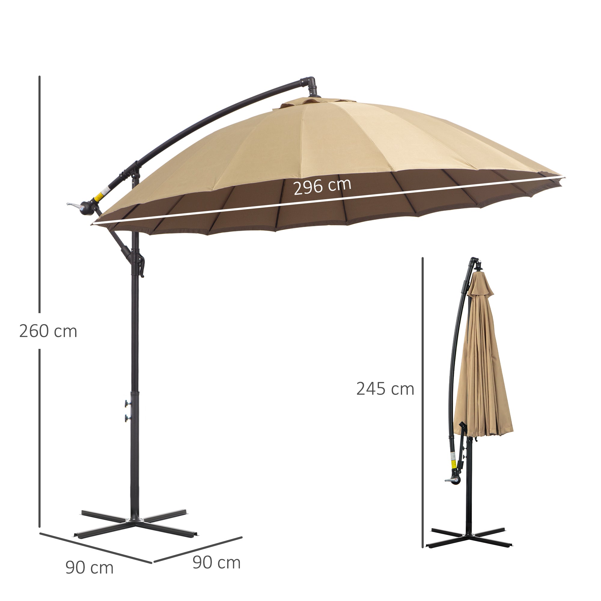 Cantilever Umbrella, 3m Adjustable Angle 18 Ribs & Vents, Khaki