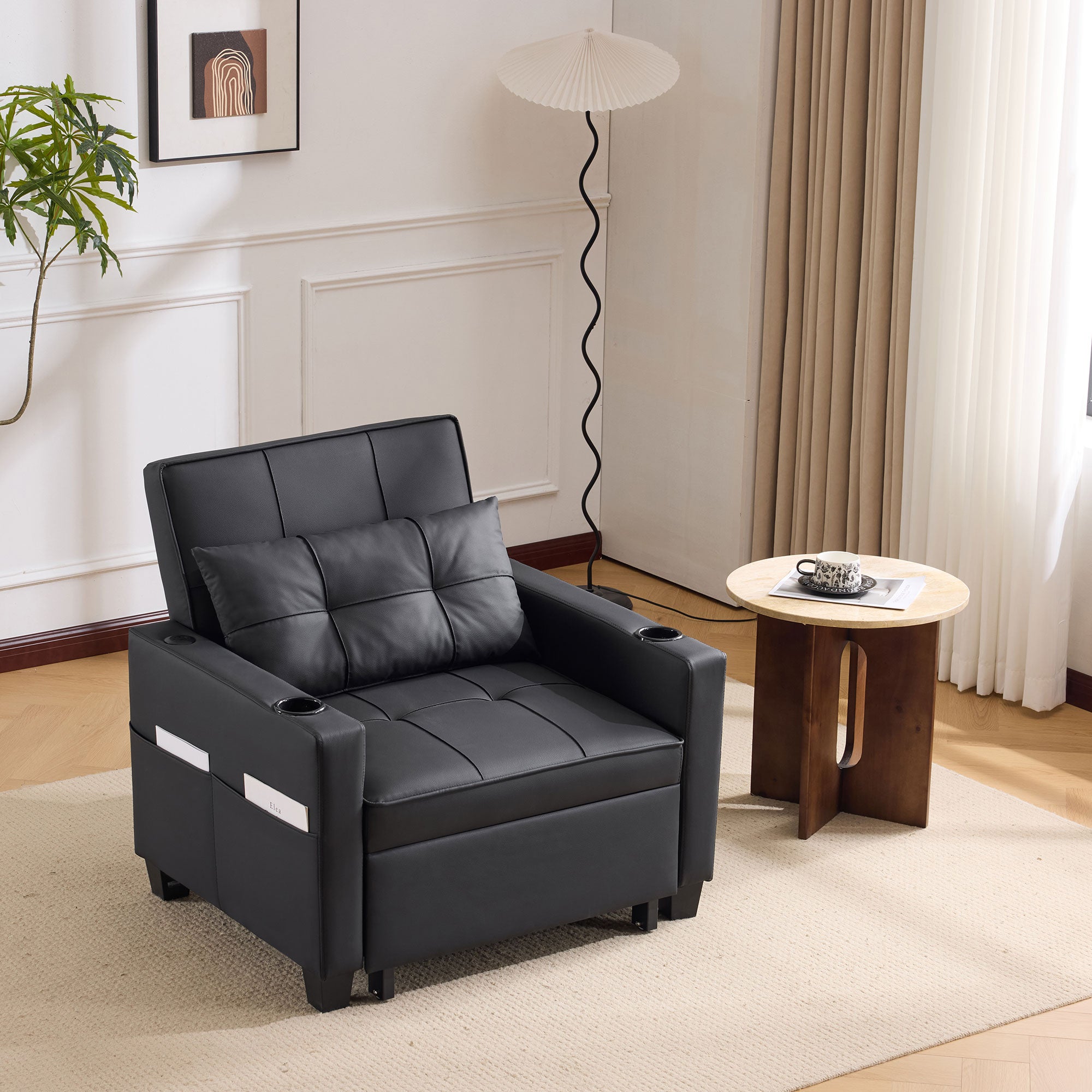 Sofa Bed, 3-in-1 Pull-Out with Cup Holders & USB Port