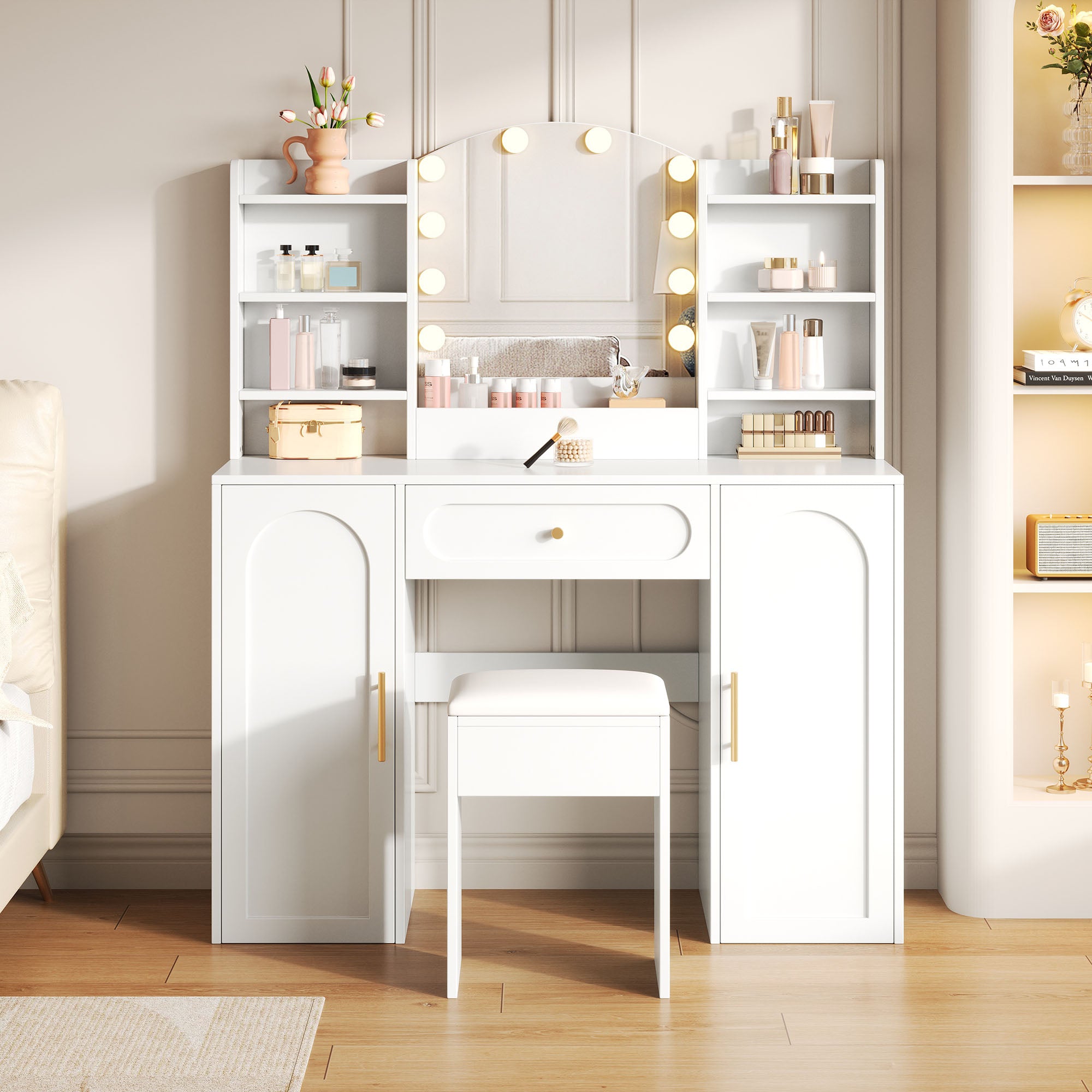 Large Vanity Table with LED Lighting, Mirror and Stool, White