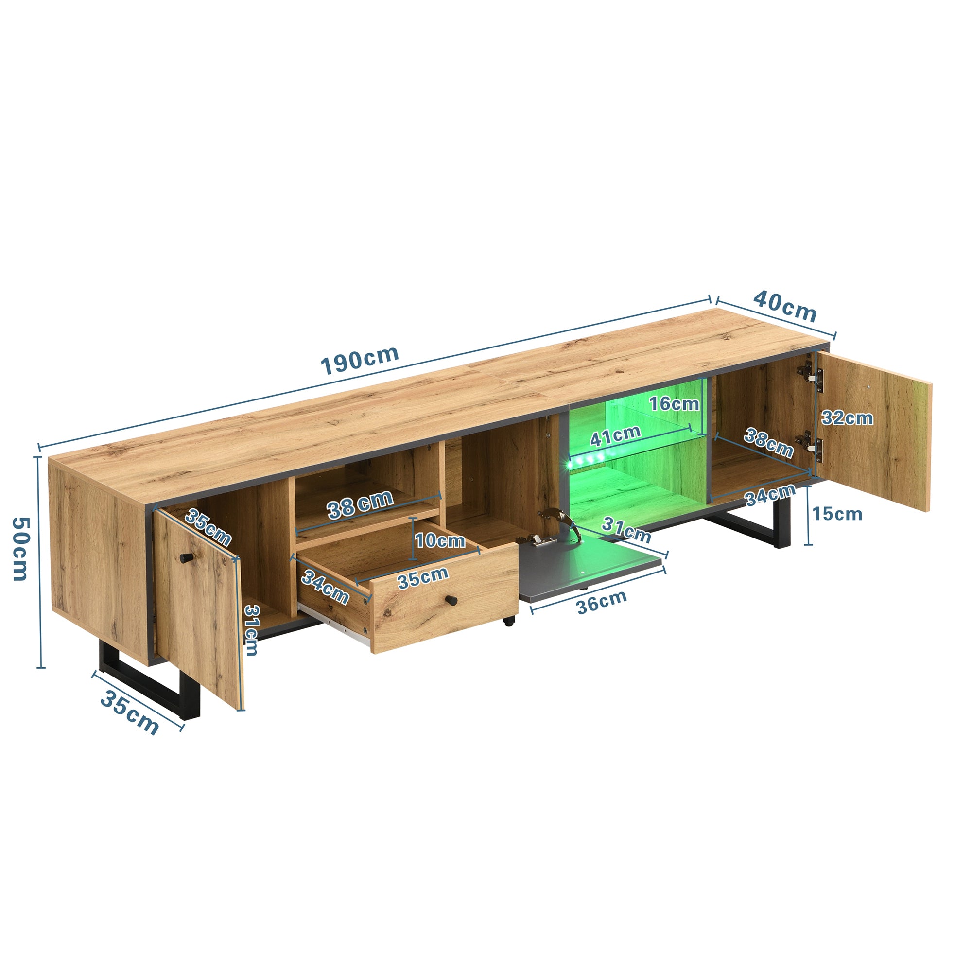 Lowboard TV Cabinet, LED Light & Glass Partition, Color-Matching Design