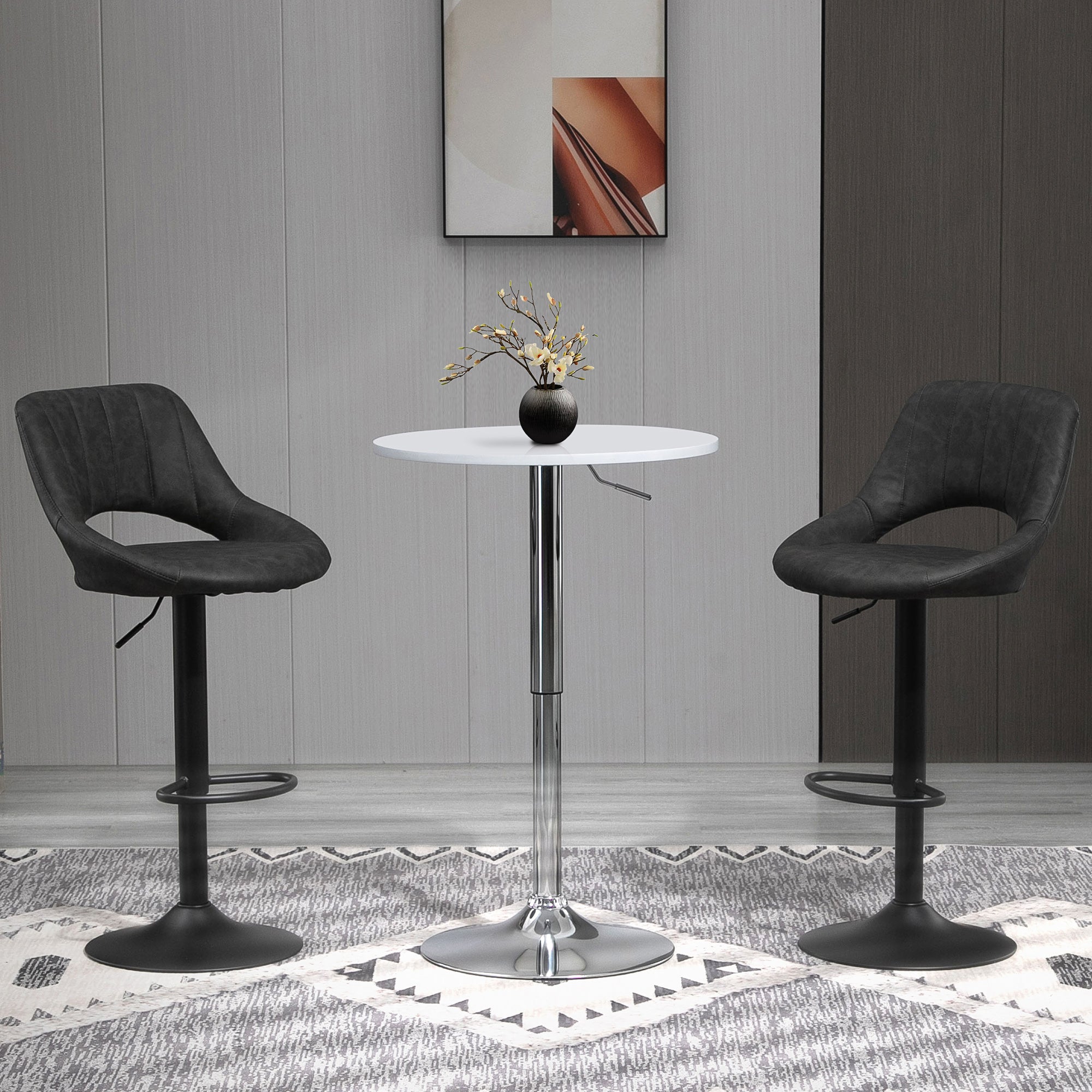Bar Stools Set of 2, Swivel Adjustable Armless with Back, PU Leather Dark Grey