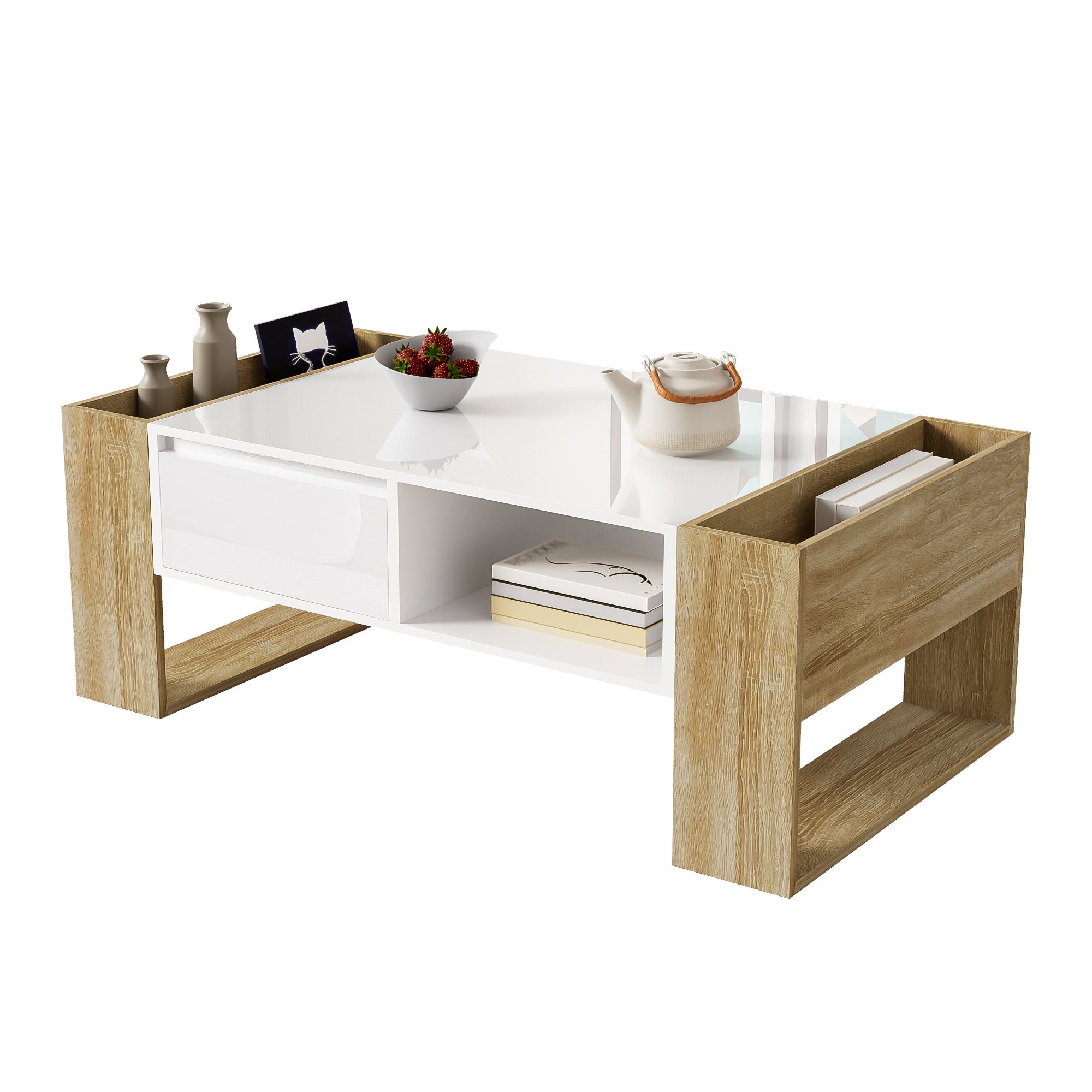Modern coffee table 105 x 60 x 40 cm with drawers and open compartments, high gloss