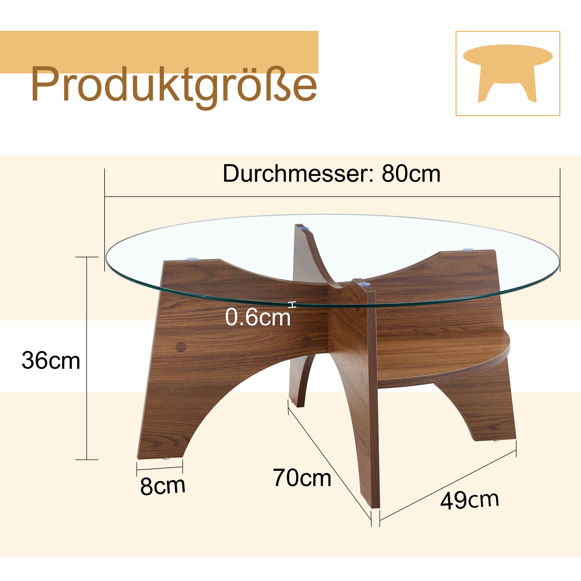 Round Side Table Ø 80 cm Safety Glass Top Multifunctional Walnut-Finish MDF