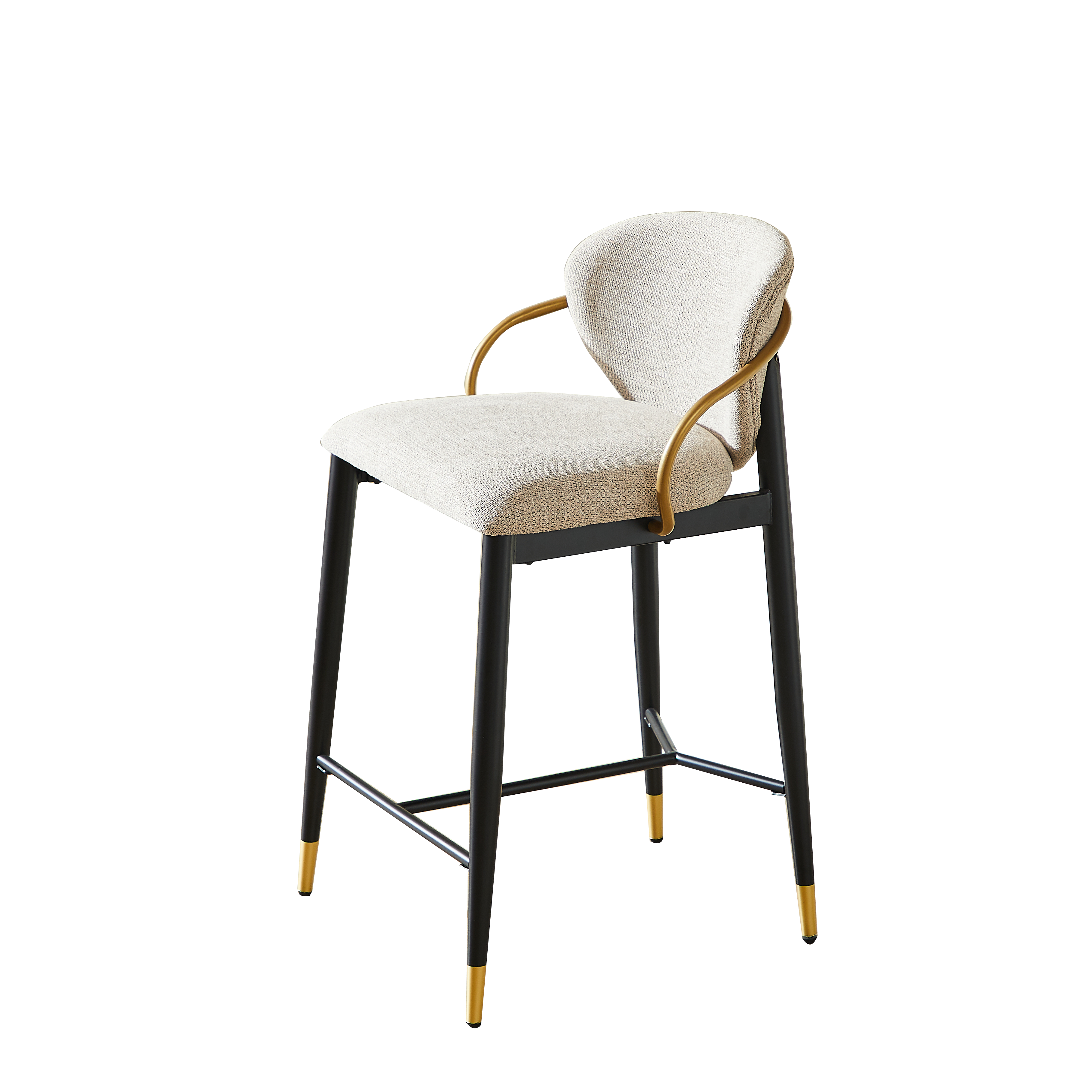 Set of 2 Bar Stools Adjustable Height Backrest Footrest - Chenille Light Brown/Black Gold