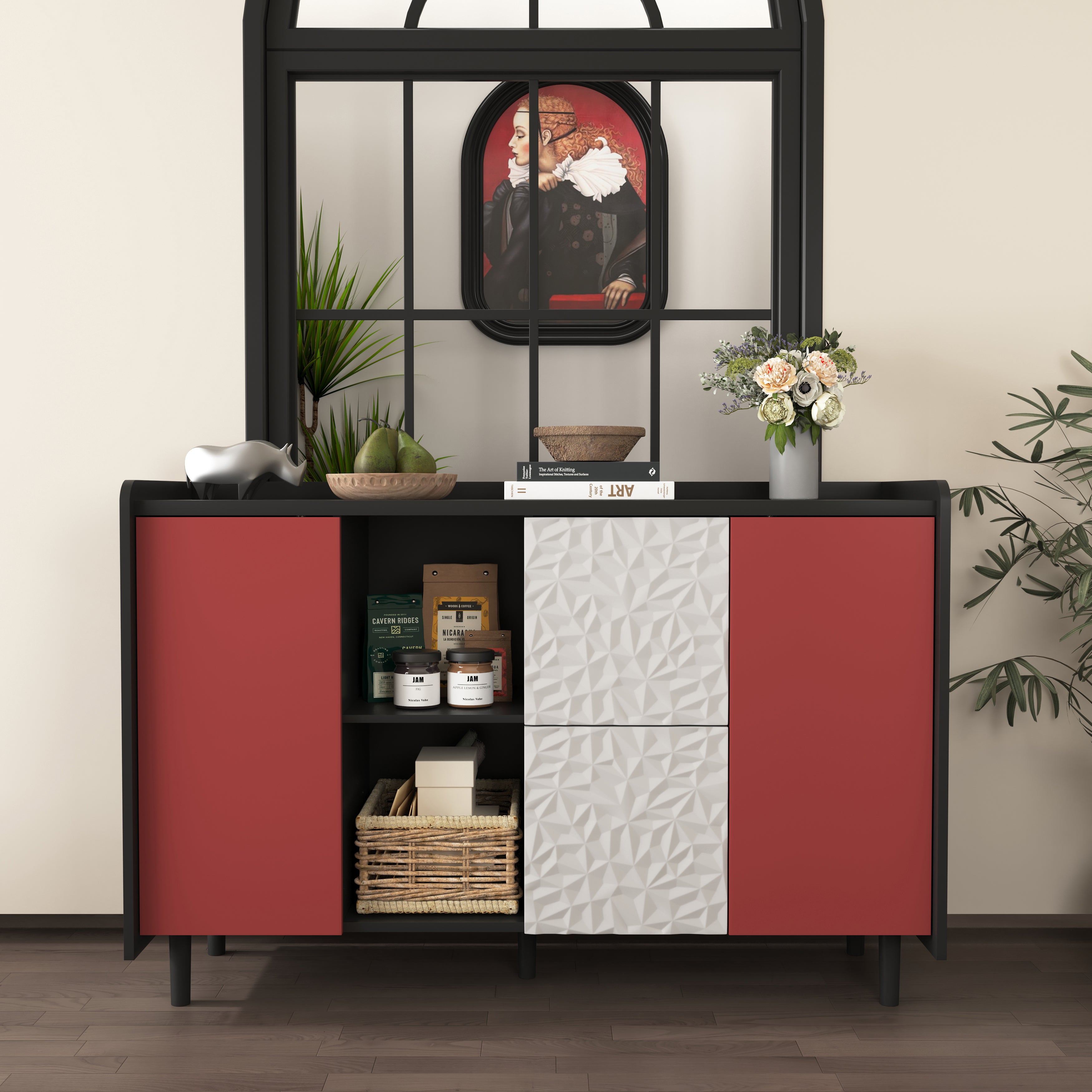 Sideboard Buffet Cabinet with 2 Drawers & Open Storage, Panel Styling - Black/Red